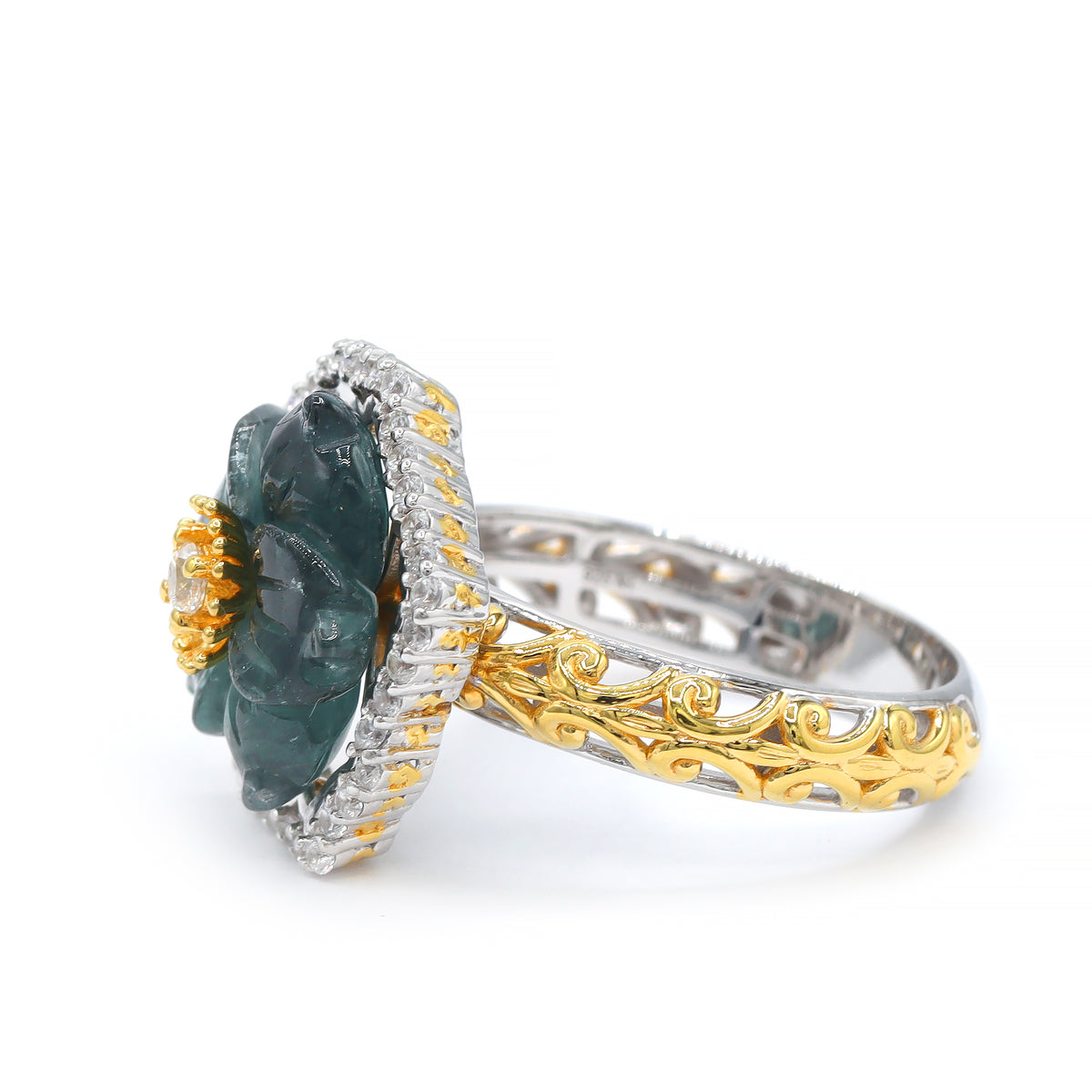 Couture Gems One-of-a-Kind 24K Palladium Silver 6.34ctw Carved Indicolite Tourmaline Flower & White Zircon Ring