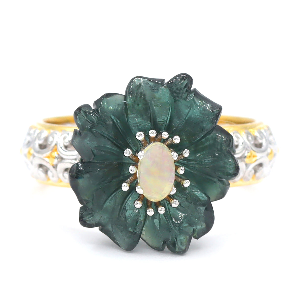 Couture Gems One-of-a-Kind 24K Palladium Silver 4.59ctw Carved Indicolite Tourmaline Flower & Ethiopian Opal Ring