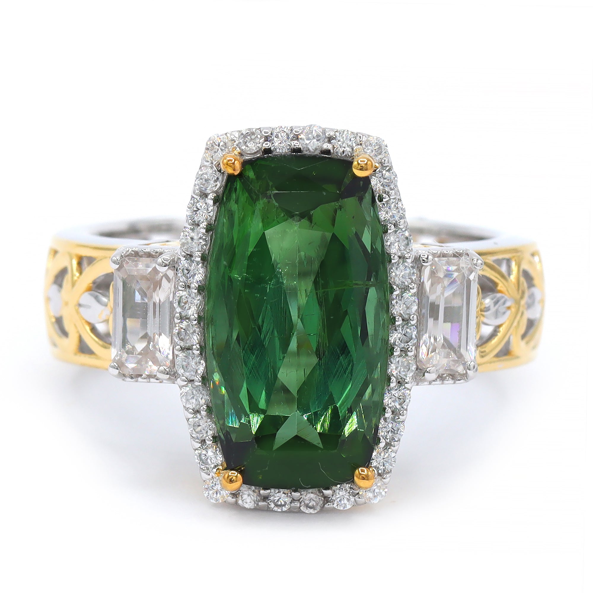 Couture Gems One-of-a-Kind 24K Palladium Silver 6.57ctw Nigerian Green Tourmaline & White Zircon Halo Ring