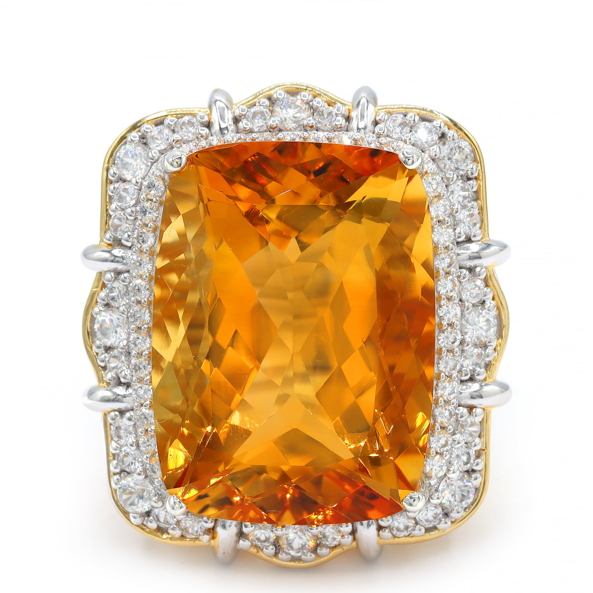 Couture Gems One-of-a-Kind 24K Palladium Silver 36.81ctw Fire Citrine & White Zircon Halo Honker Ring