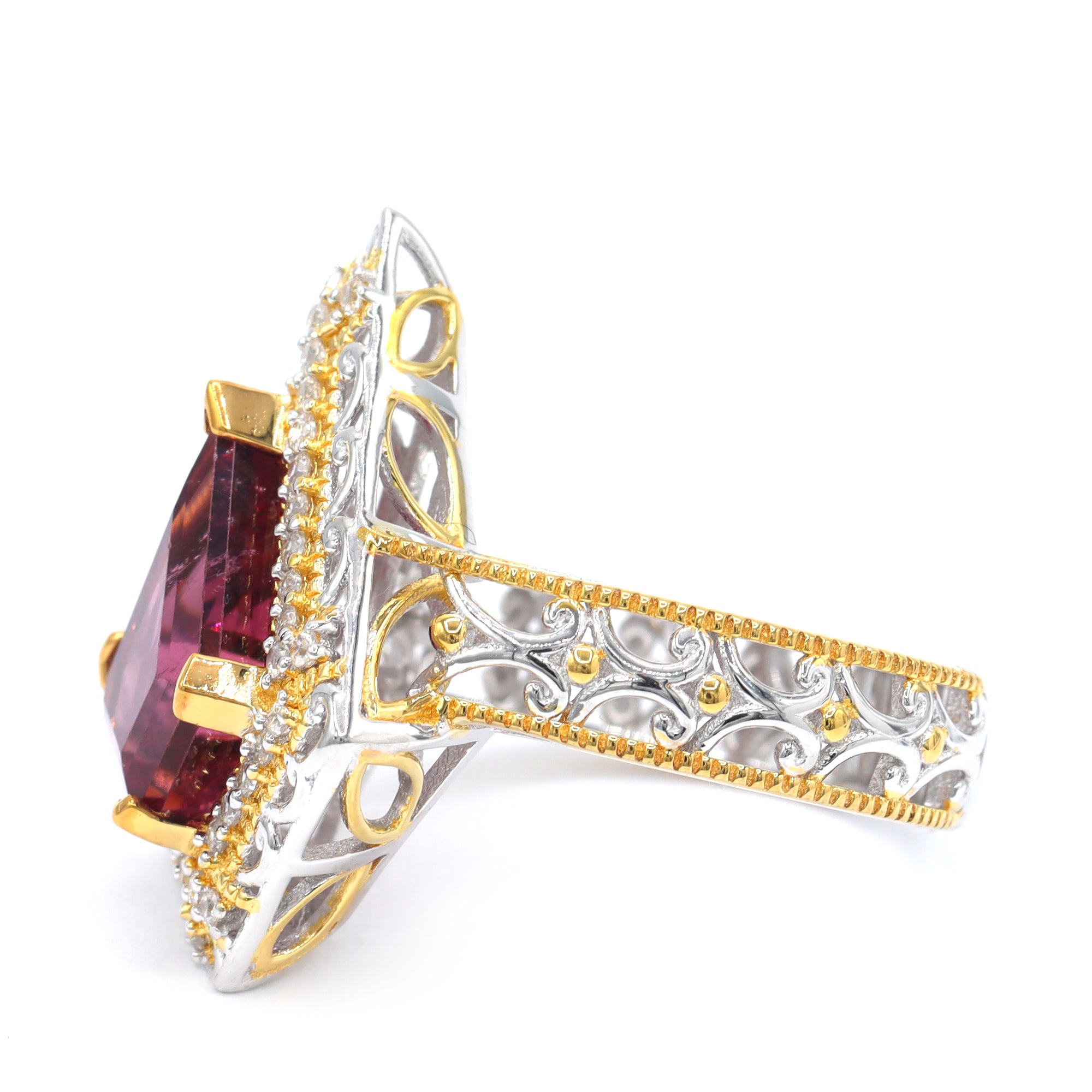 Couture Gems One-of-a-Kind 24K Palladium Silver 5.30ctw Shield Cut Pink Tourmaline & White Zircon Ring