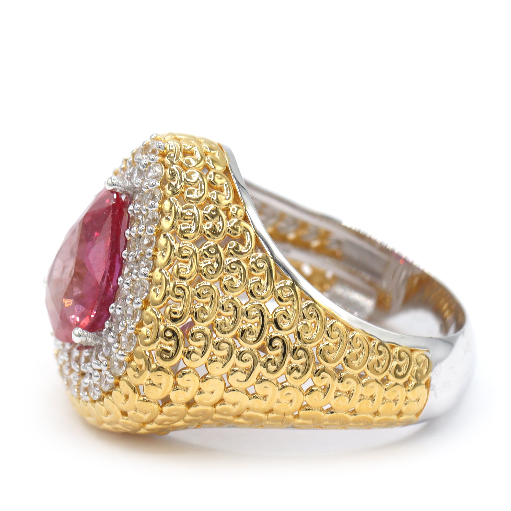 Bague halo Couture Gems en saphir padparadscha 3,45 carats et zircon blanc en argent palladium 18 carats, pièce unique