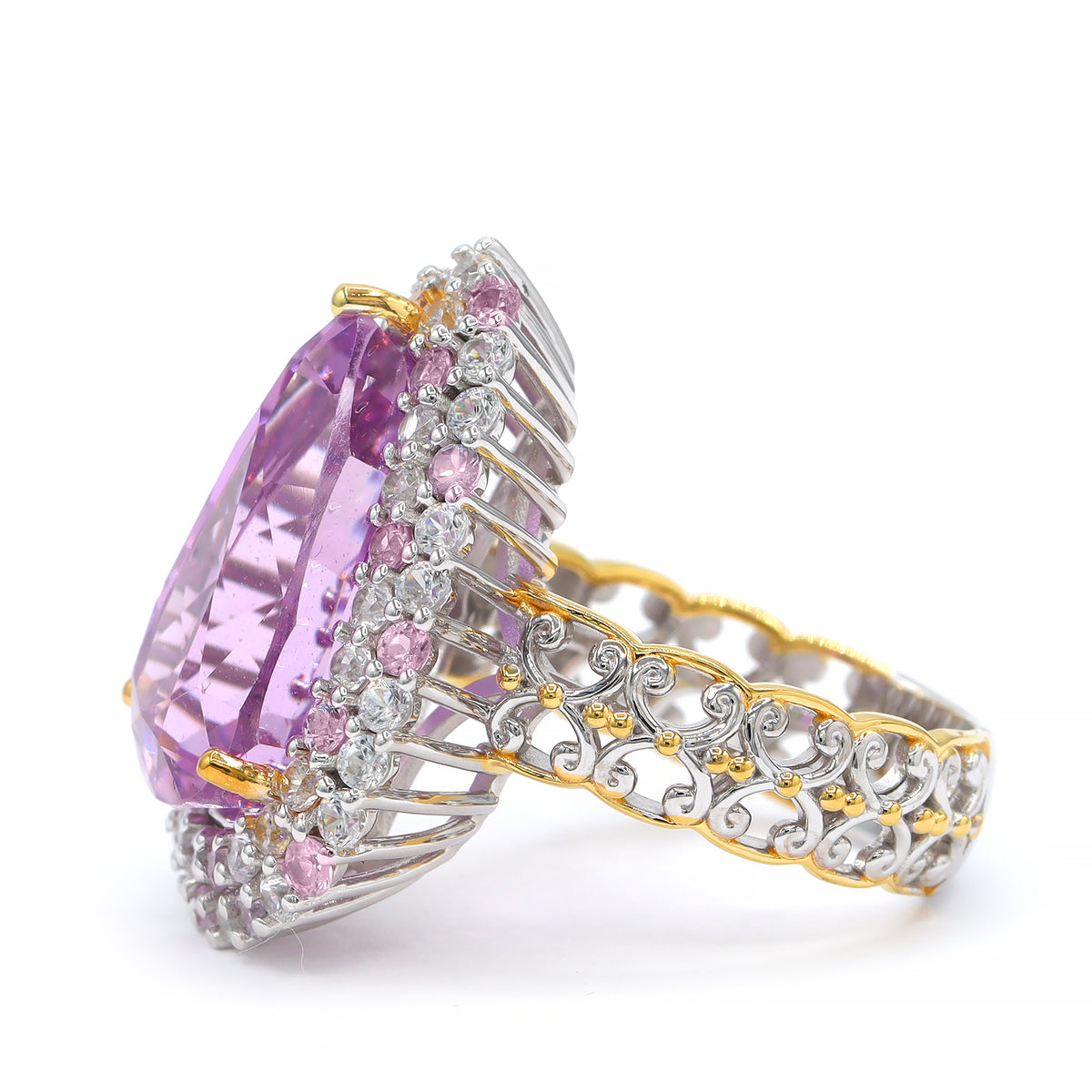Couture Gems One-of-a-Kind 24K Palladium Silver 15.67ctw Martha Rocha 5A Kunzite, Pink Sapphire & White Zircon Halo Ring