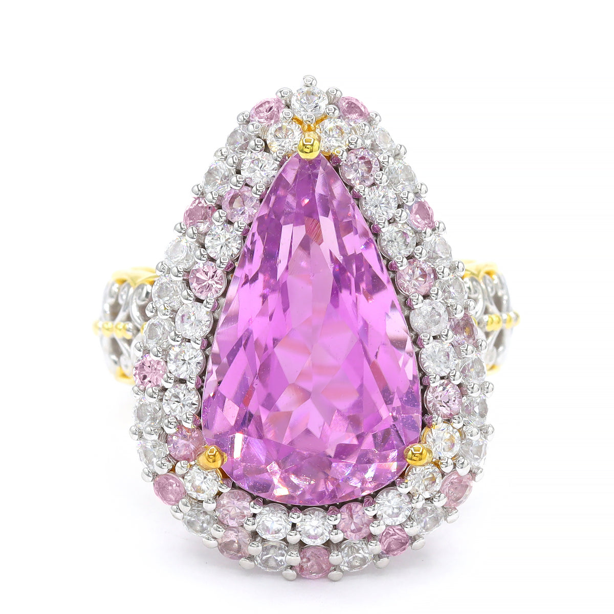 Couture Gems One-of-a-Kind 24K Palladium Silver 15.67ctw Martha Rocha 5A Kunzite, Pink Sapphire & White Zircon Halo Ring