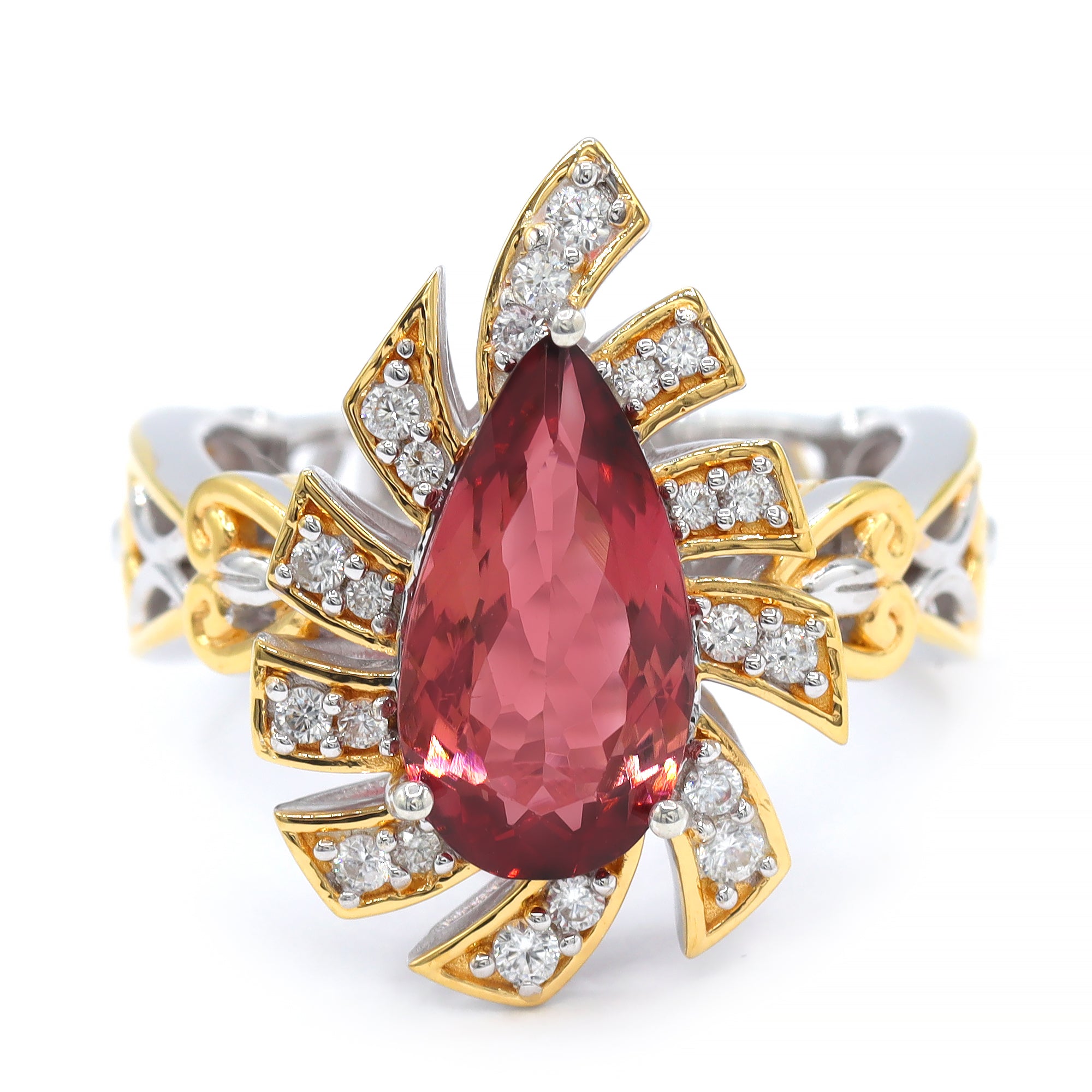Bague Couture Gems unique en argent palladié 24 carats, tourmaline Sunset de 5,25 carats et zircon blanc