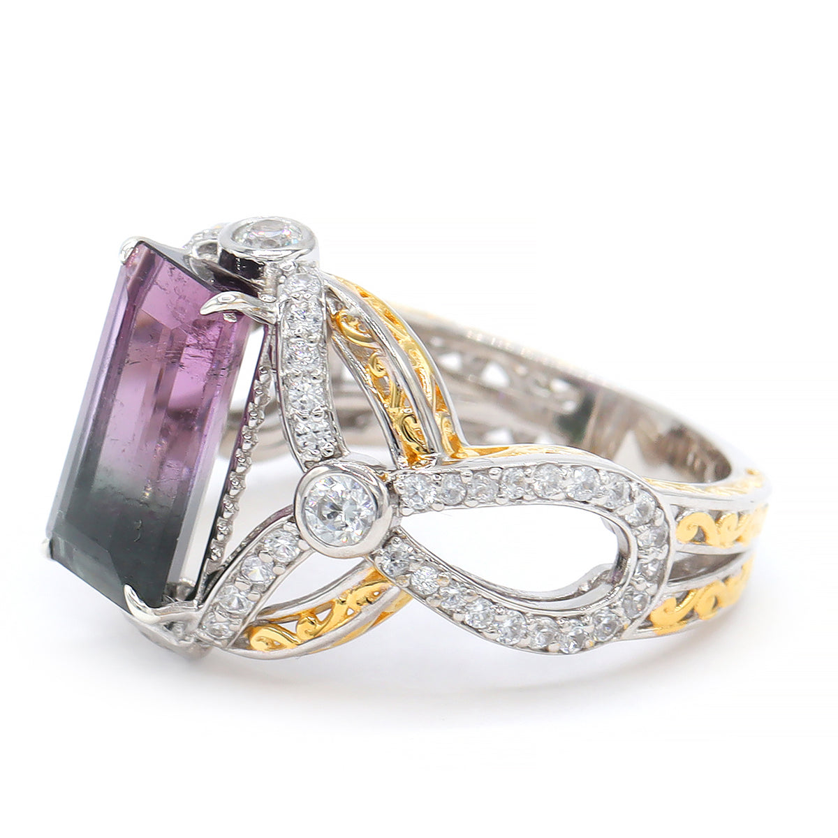 Bague Couture Gems unique en argent palladié 24 carats, tourmaline bleu indigo et zircon blanc de 5,06 carats