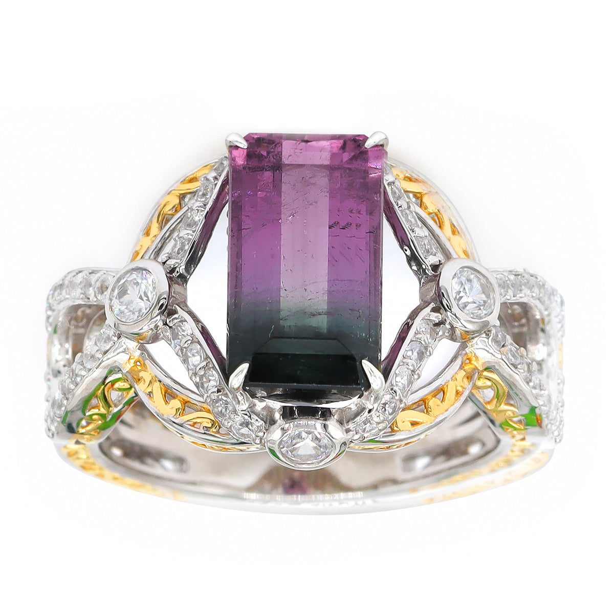 Bague Couture Gems unique en argent palladié 24 carats, tourmaline bleu indigo et zircon blanc de 5,06 carats
