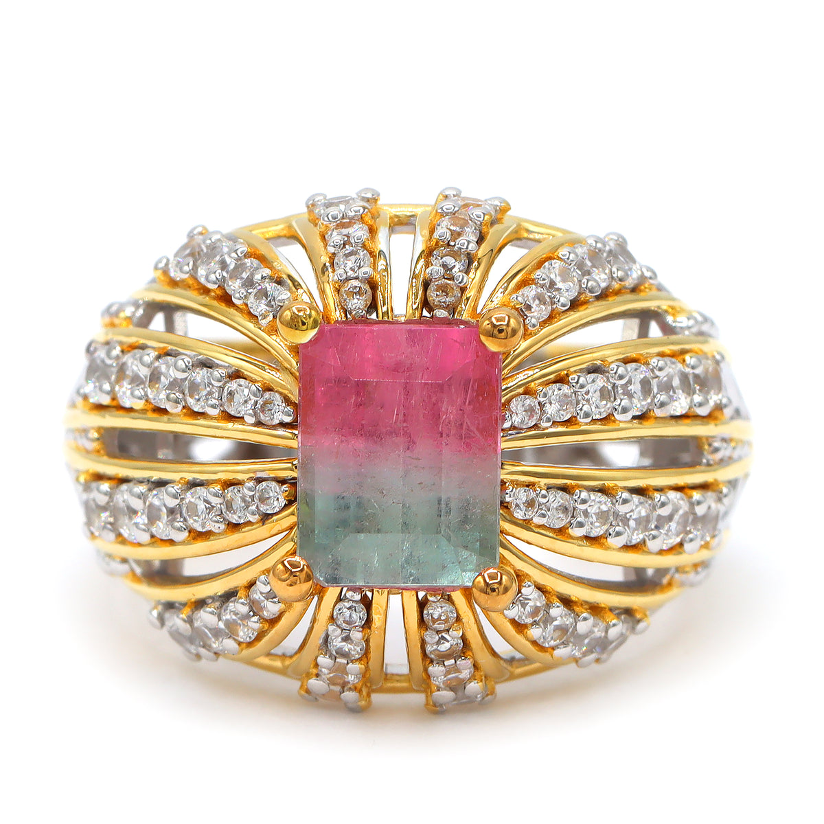 Couture Gems One-of-a-Kind 24K Palladium Silver 4.14ctw Bi-Color Tourmaline & White Zircon Ring
