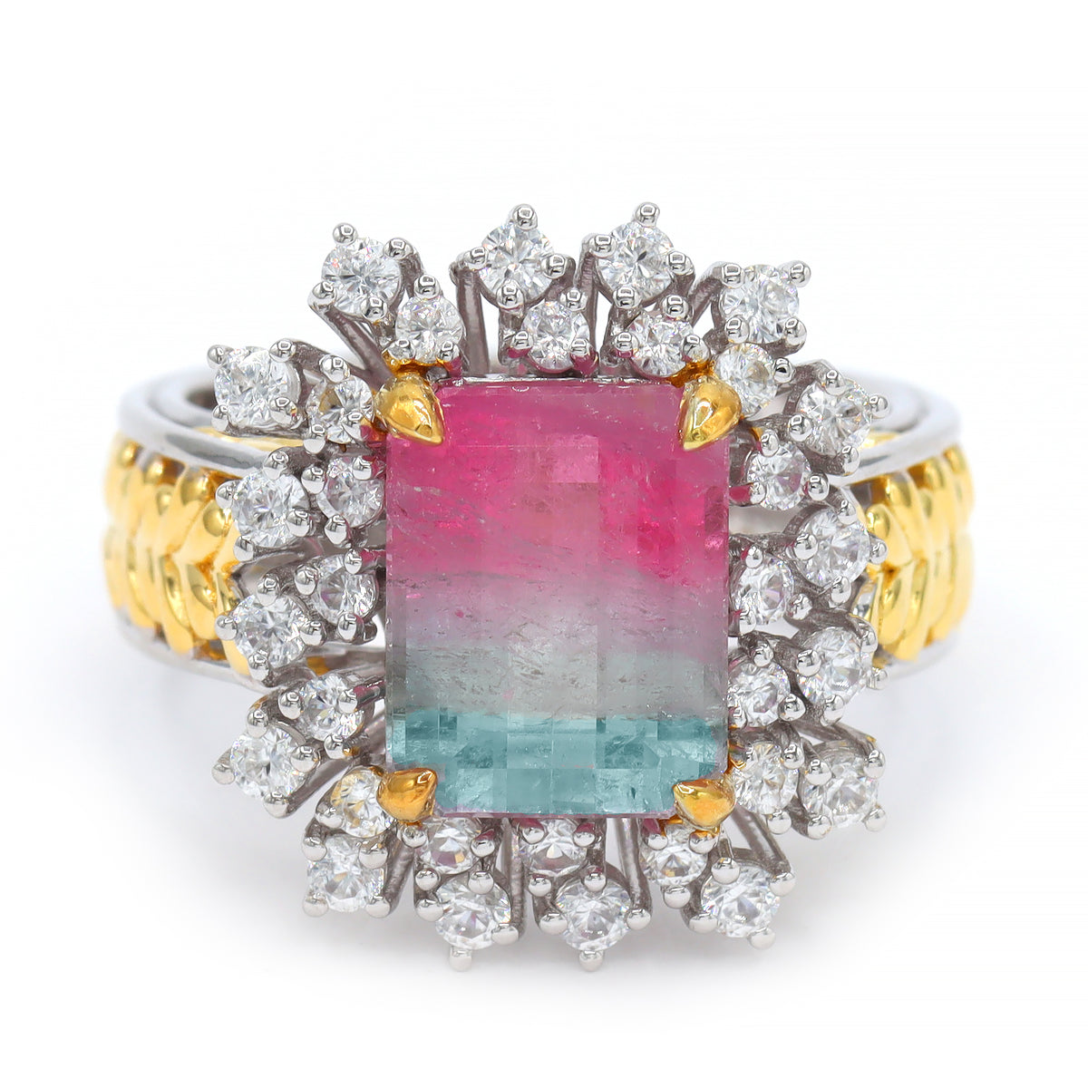 Couture Gems One-of-a-Kind 24K Palladium Silver 6.54ctw Bi-Color Tourmaline & White Zircon Halo Ring