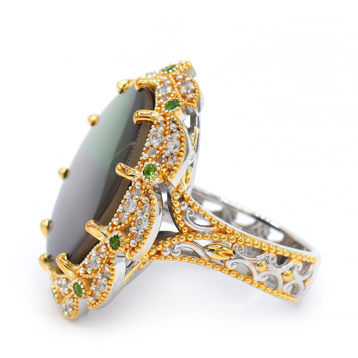 Couture Gems One-of-a-Kind 24K Palladium Silver Ammolite, Chrome Diopside & White Zircon Ring