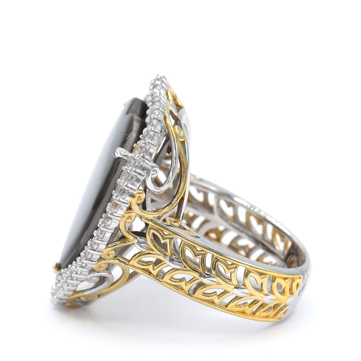 Couture Gems One-of-a-Kind 24K Palladium Silver Heart Shape Ammolite & White Zircon Double Halo Ring