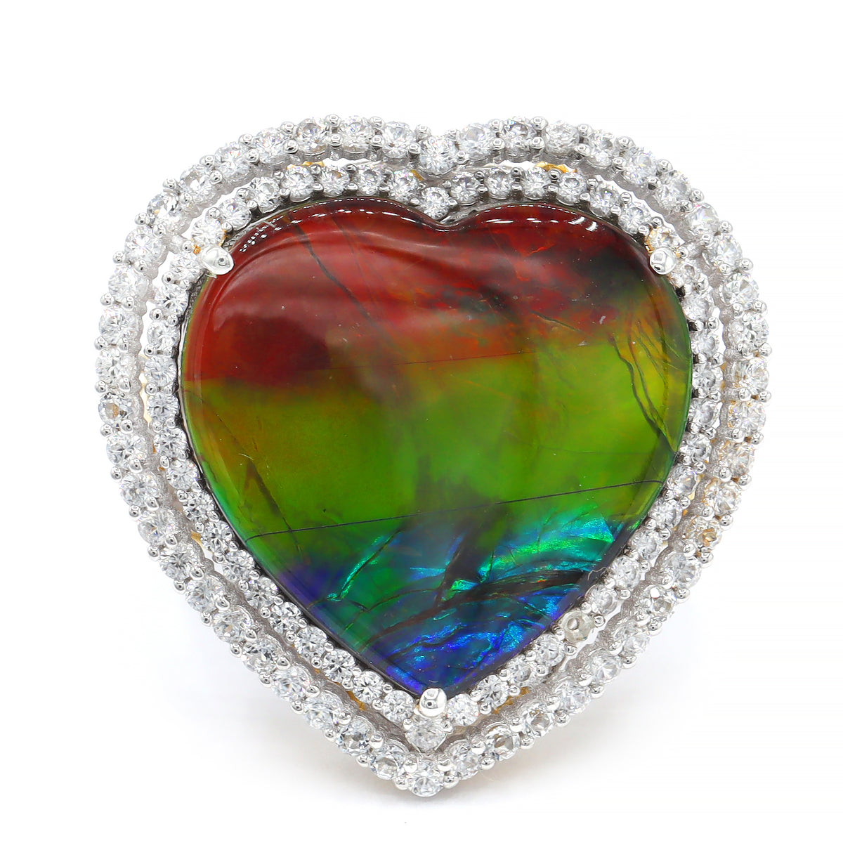 Couture Gems One-of-a-Kind 24K Palladium Silver Heart Shape Ammolite & White Zircon Double Halo Ring