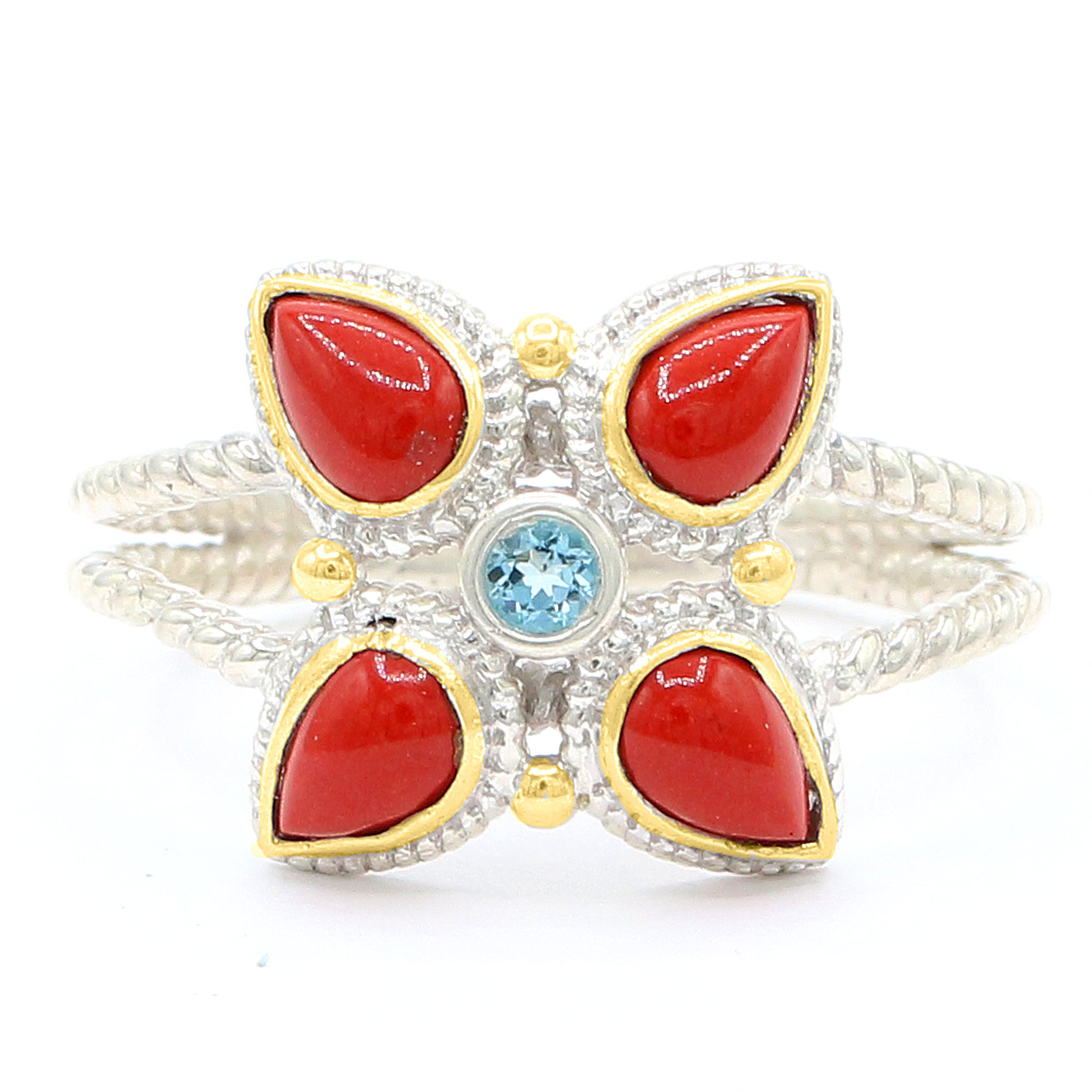 Gems en Vogue Red Coral & Swiss Blue Topaz Ring
