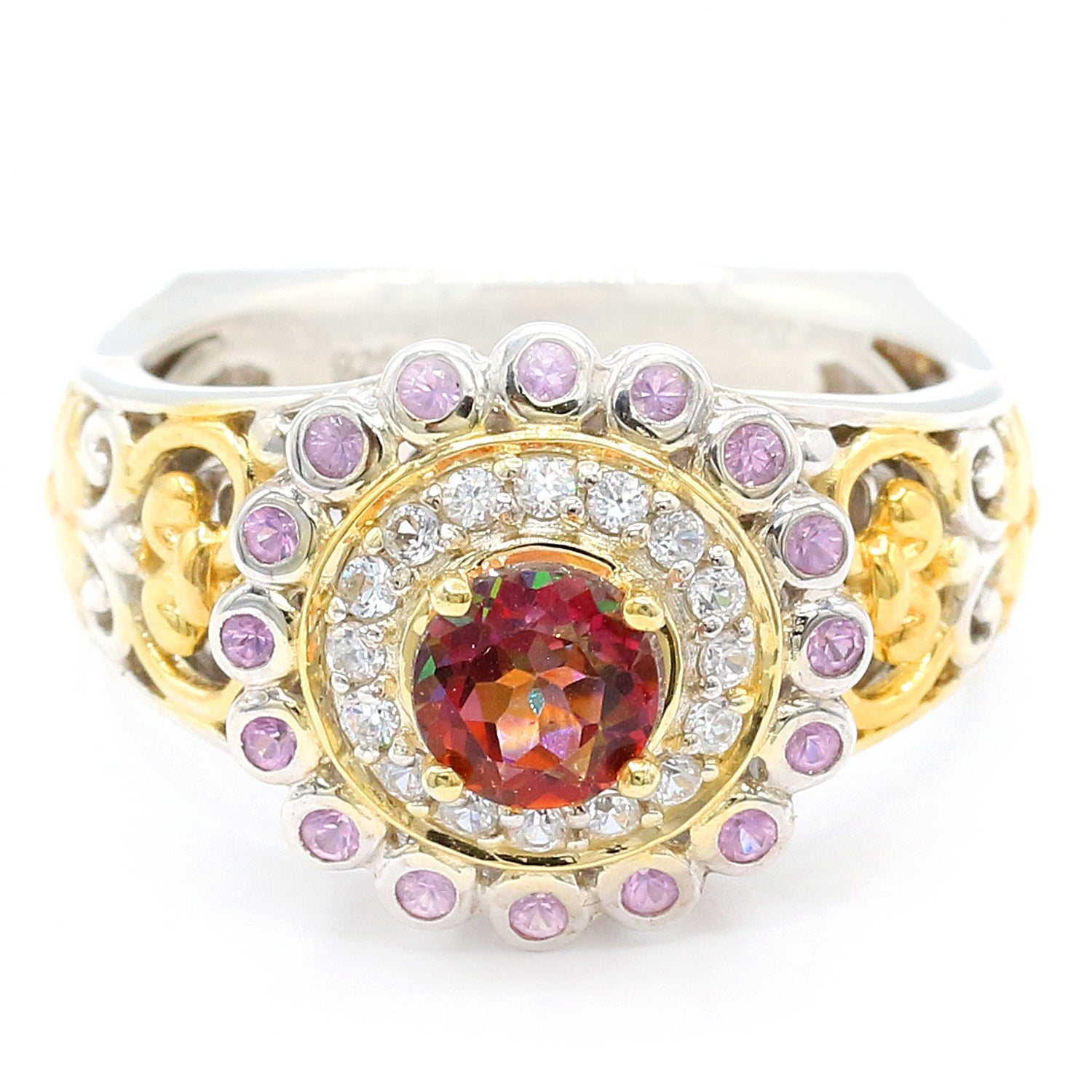 Gems en Vogue One-of-a-Kind 1.72ctw Orange Mystic Topaz, White Zircon & Pink Sapphire Double Halo Ring