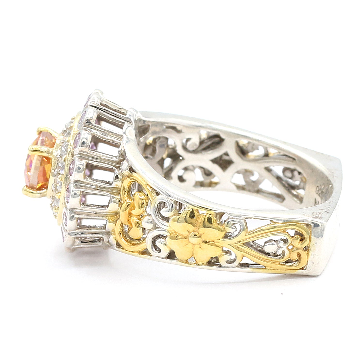 Gems en Vogue One-of-a-Kind 1.72ctw Orange Mystic Topaz, White Zircon & Pink Sapphire Double Halo Ring