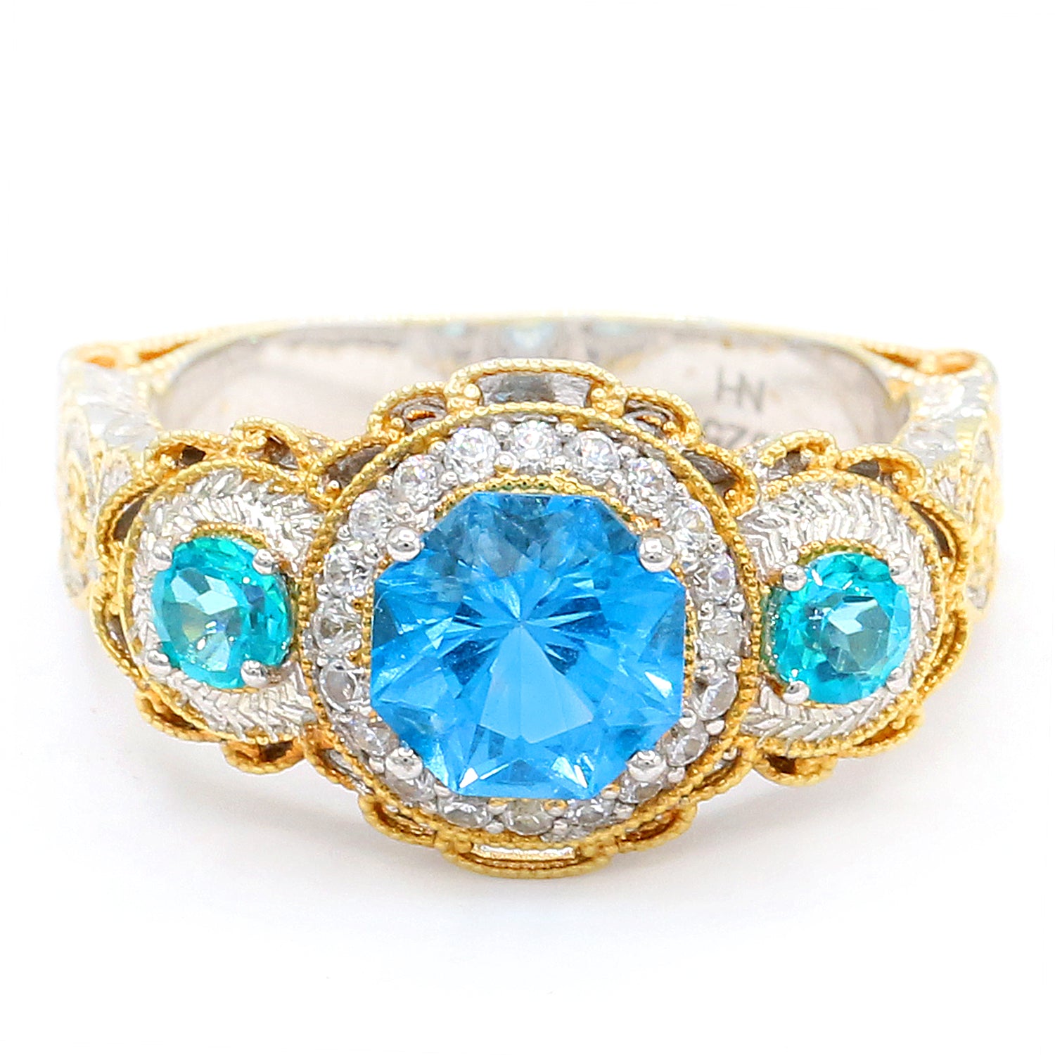 Gems en Vogue 2.61ctw Designer Special Cut Swiss Blue Topaz, Paraiba Topaz & White Zircon Hand Engraved Ring
