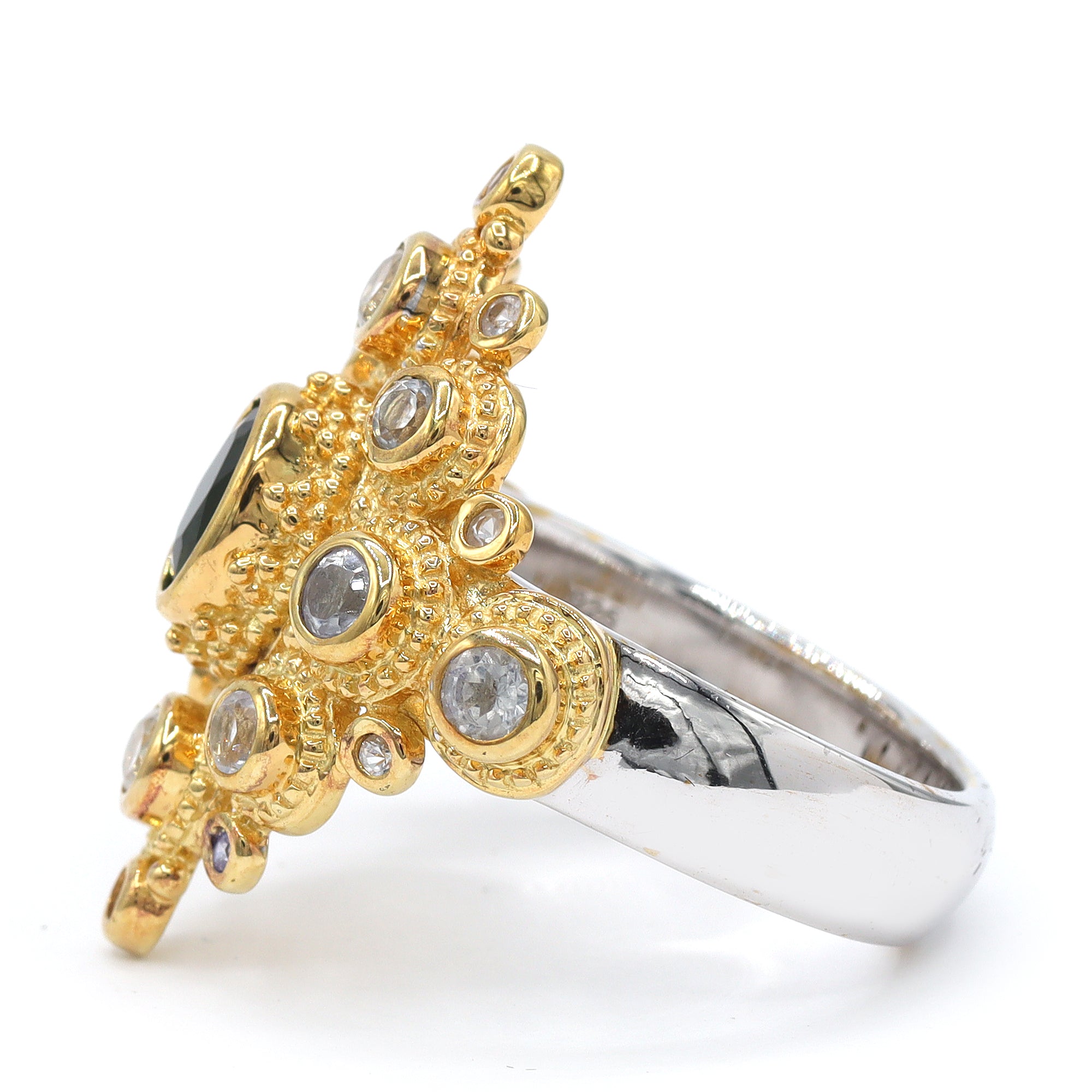 Bague à trois rangs de diopsides de chrome de 4,40 carats en argent et palladium 24 carats Gems en Vogue