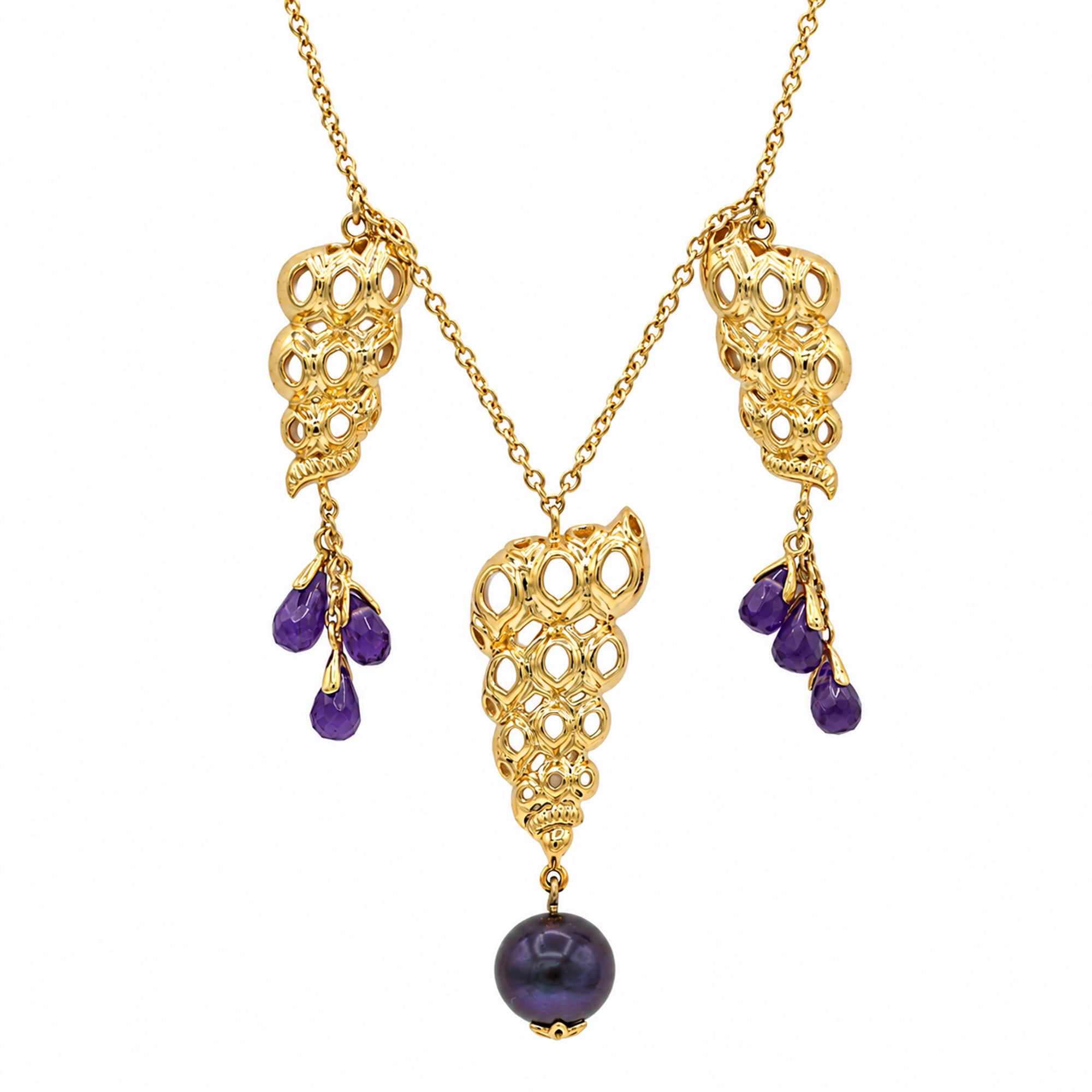 Jason Dow Peacock Pearl & Amethyst Spiral Seashell Necklace