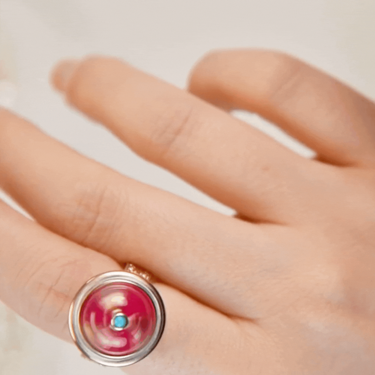 Gems en Vogue Cherry Pink Chalcedony & Sleeping Beauty Turquoise Spinner Ring