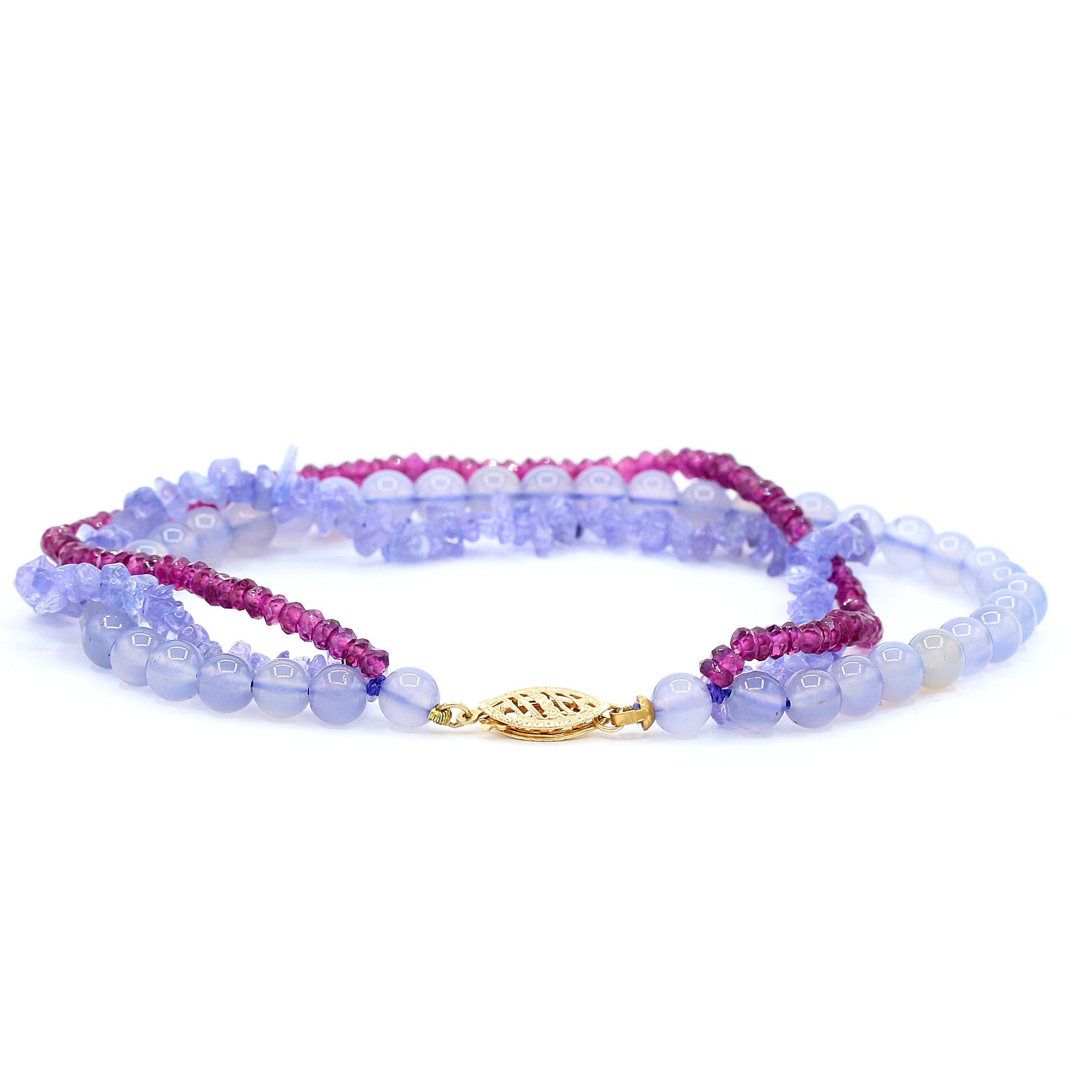 Golden Jewel 14K Yellow Gold Tanzanite, Rhodolite & Chalcedony Bead Bracelet
