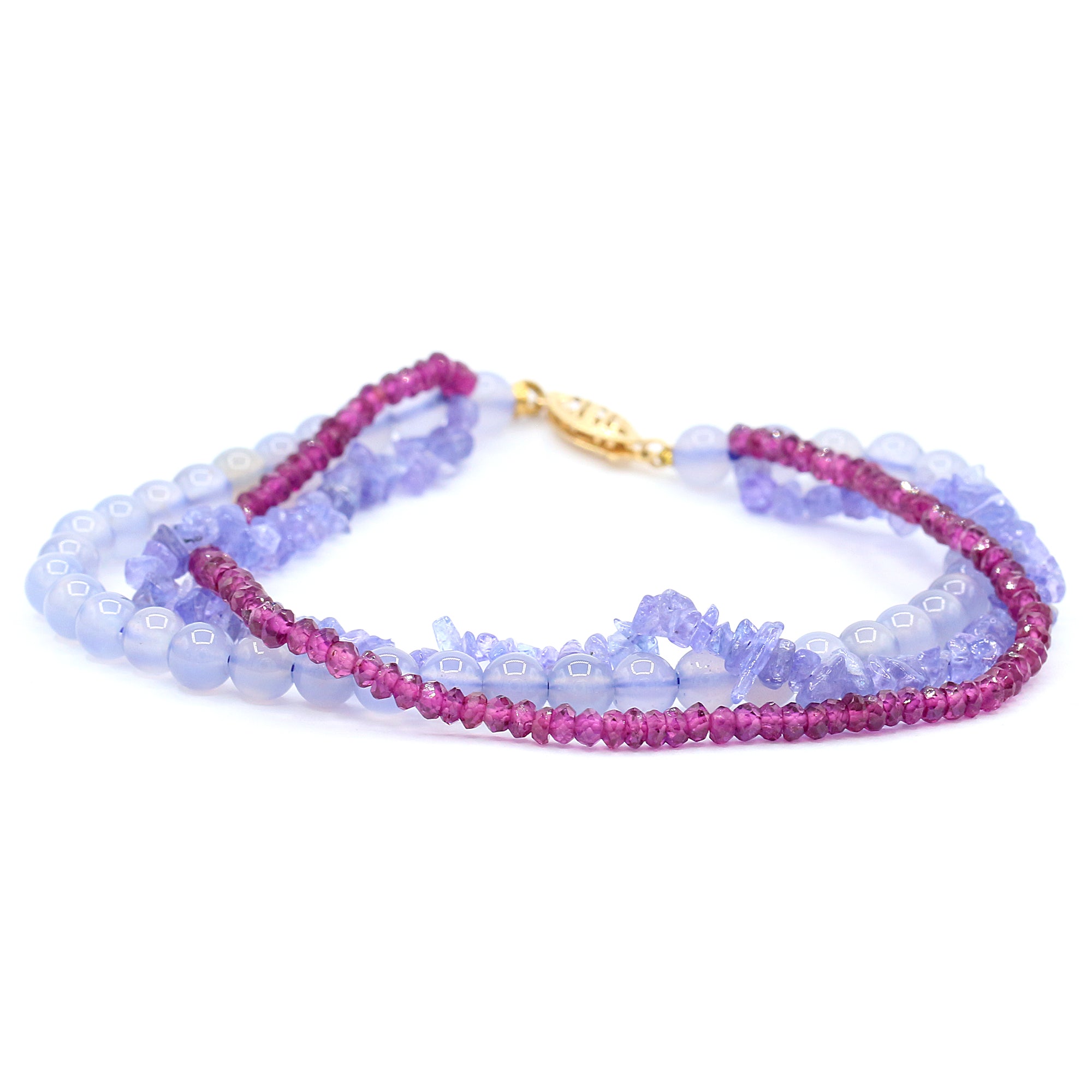 Golden Jewel 14K Yellow Gold Tanzanite, Rhodolite & Chalcedony Bead Bracelet