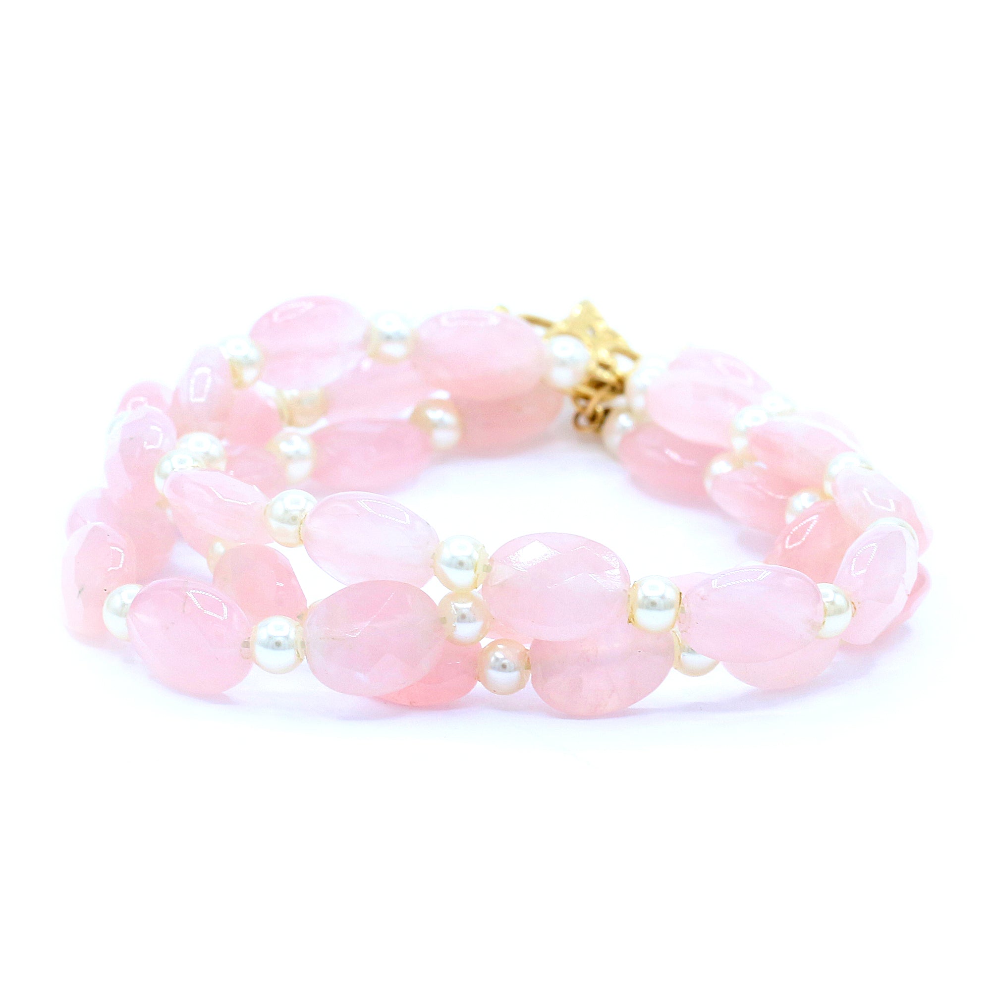 Gems en Vogue 14K Yellow Gold Rose Quartz & White Pearl Three Strands Bead Toggle Bracelet