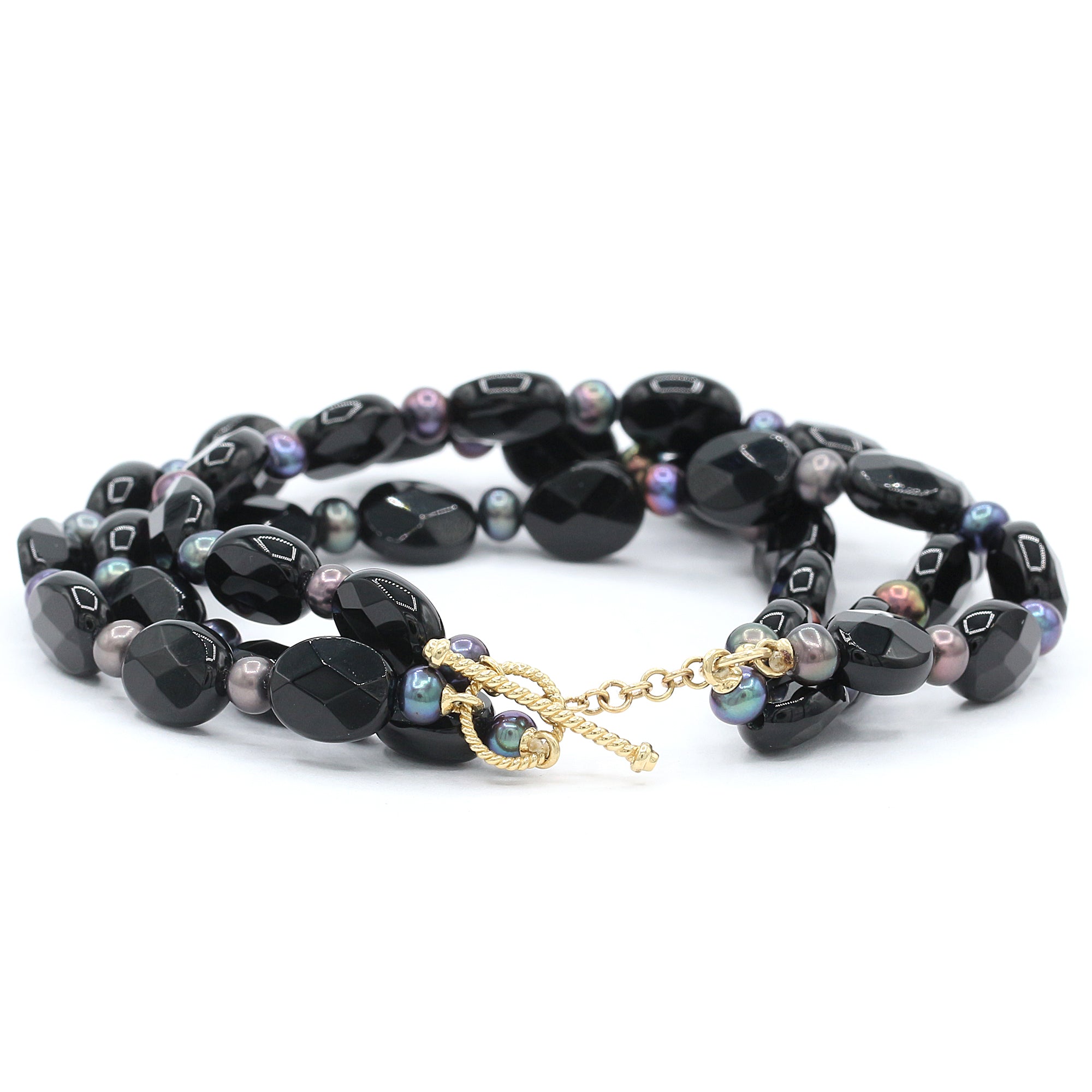 Gems en Vogue 14K Yellow Gold Black Onyx & Pearl Three Strands Bead Toggle Bracelet