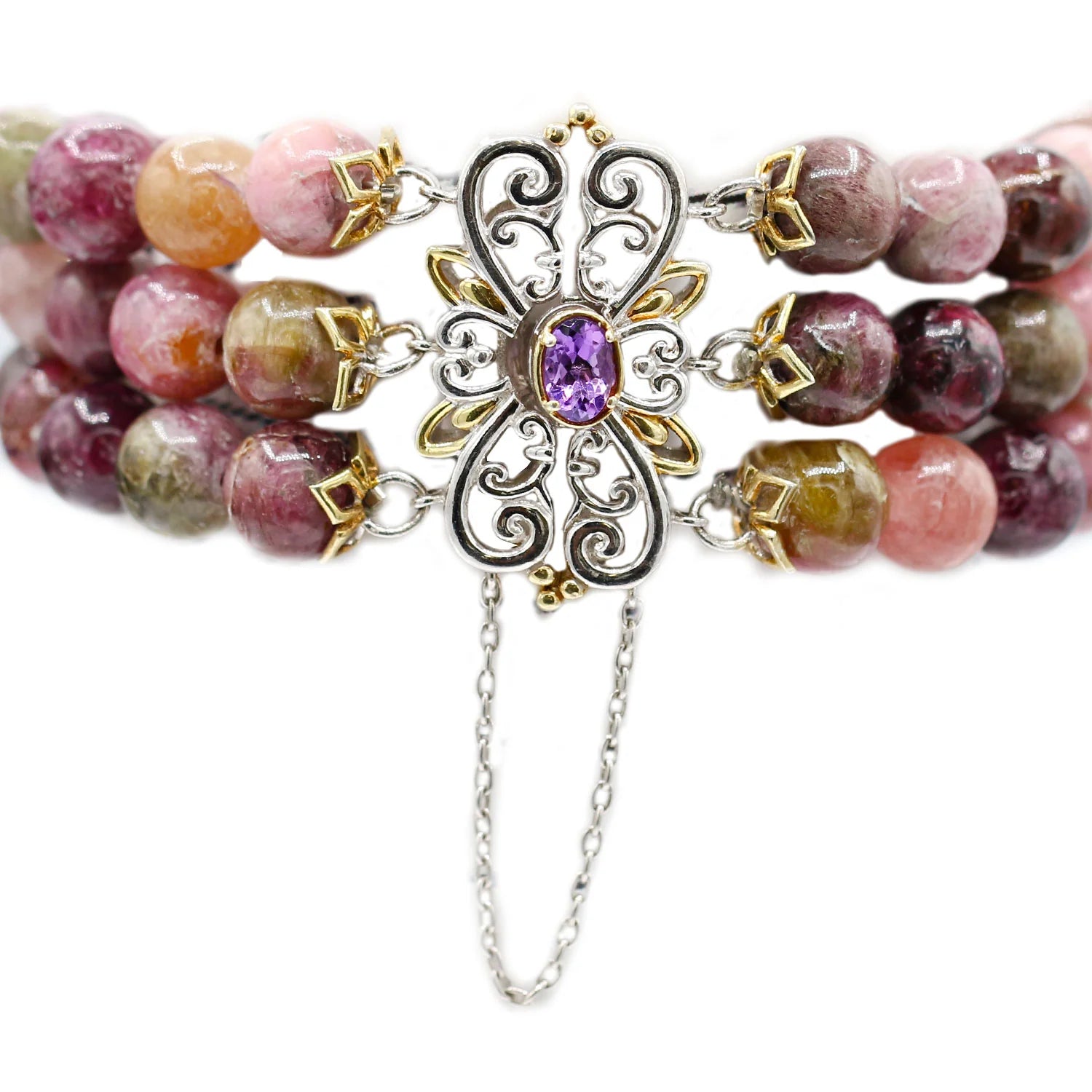 Gems en Vogue Amethyst & Pink Tourmaline Three Strand Bracelet