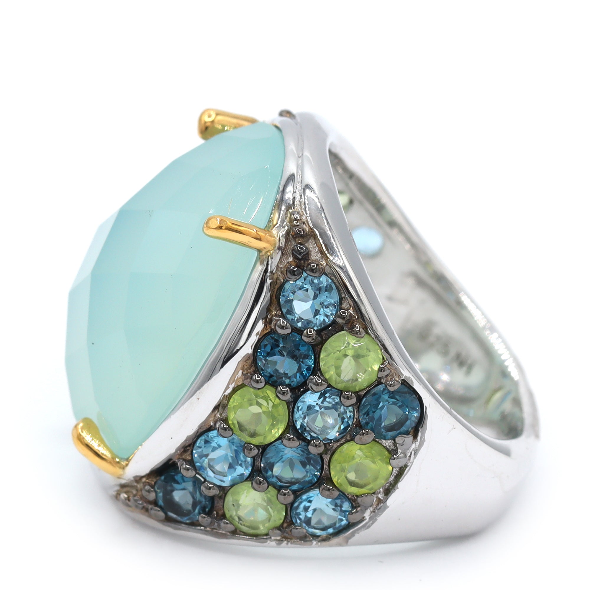 BBG Gems Sterling Silver Blue Chalcedony Blue Topaz and Peridot Ring