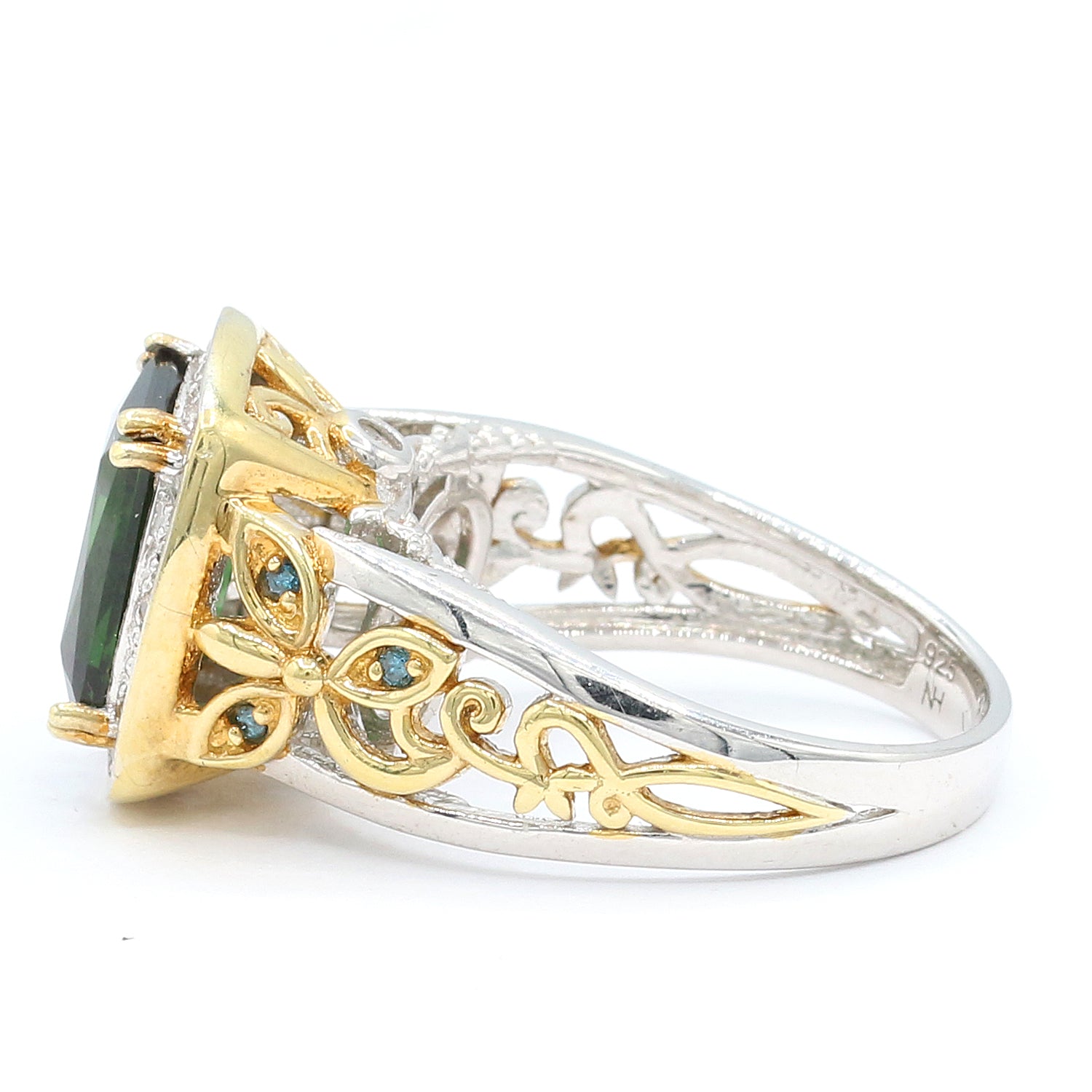 Gems en Vogue 3.44ctw Green Tourmaline & Blue Diamond Halo Ring