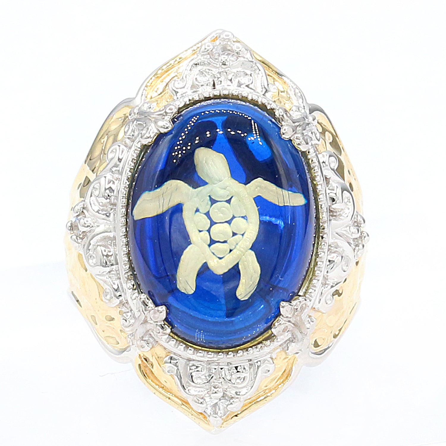 Gems en Vogue Carved Blue Amber White Sapphire Turtle Ring
