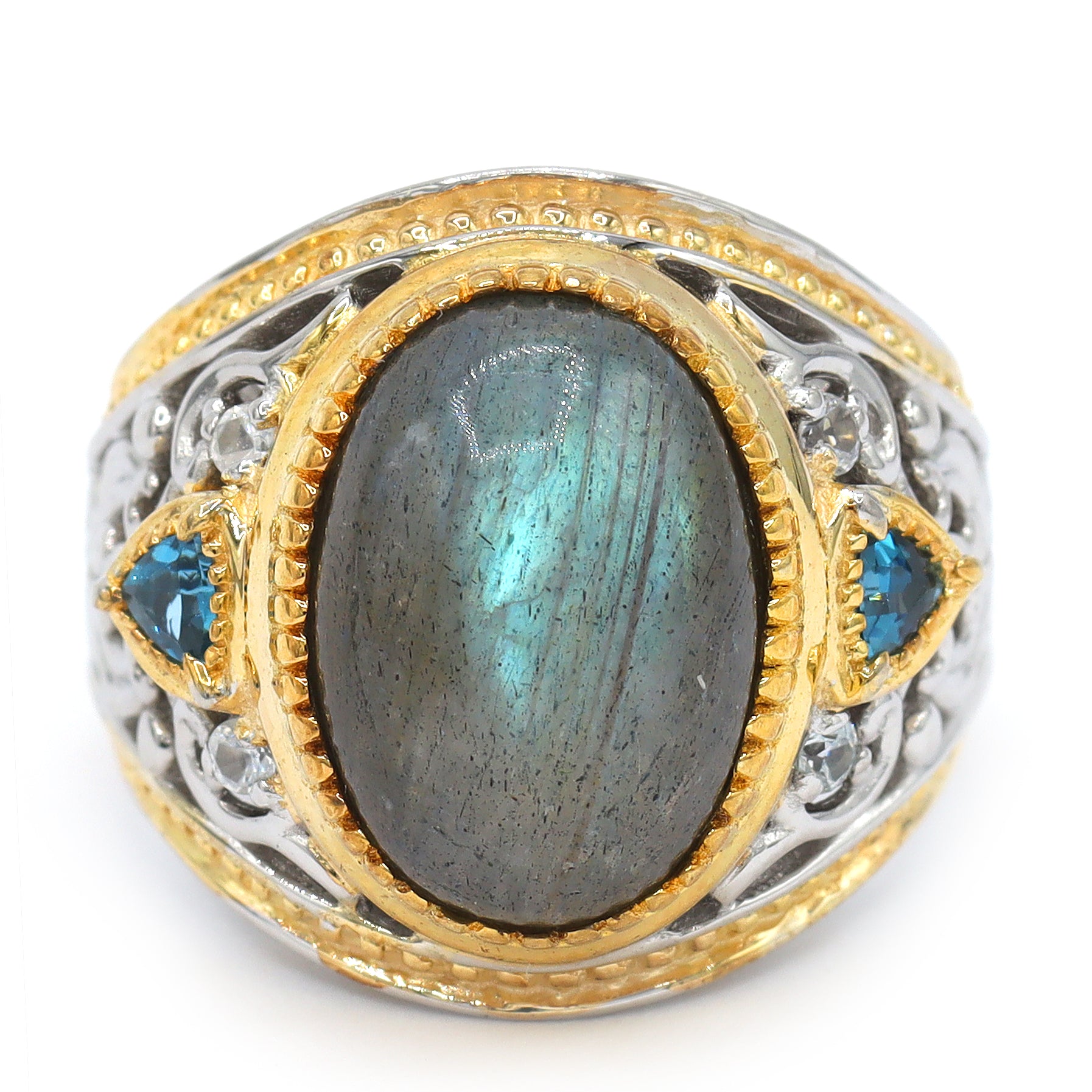 Gems en Vogue 24K Palladium Silver Labradorite, London Blue Topaz & Blue Sapphire Ring