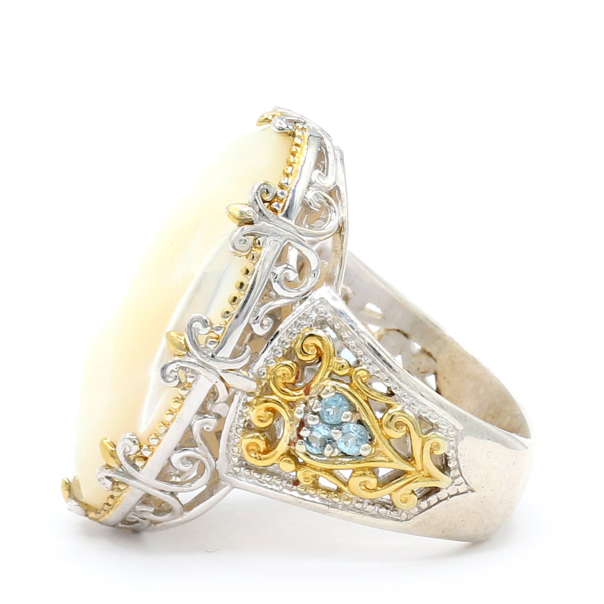 Gems en Vogue 24K Palladium Silver White Mother-of-Pearl Doublet & Swiss Blue Topaz Ring