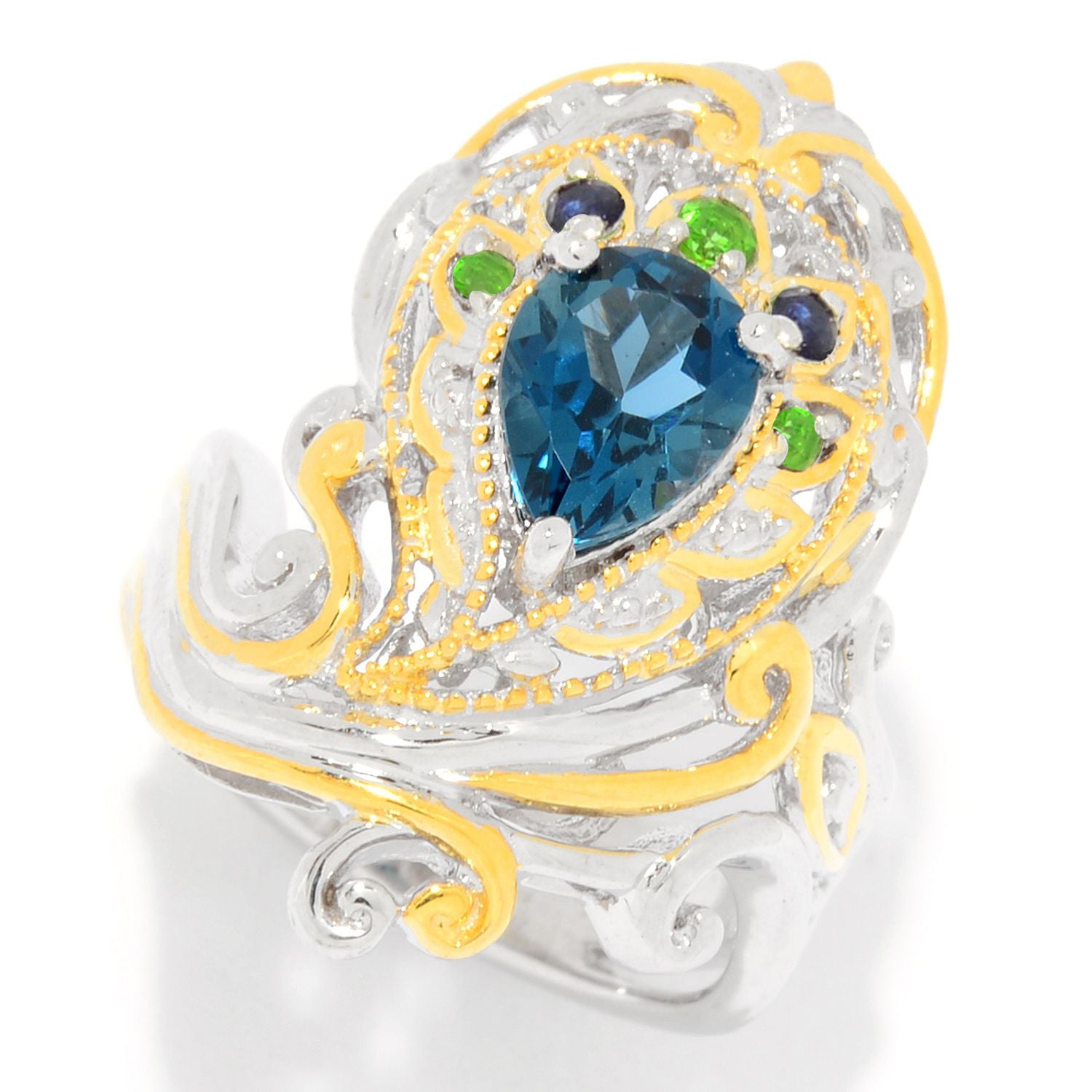 Gems en Vogue 2.72ctw London Blue Topaz, Chrome Diopside & Blue Sapphire Peacock Ring