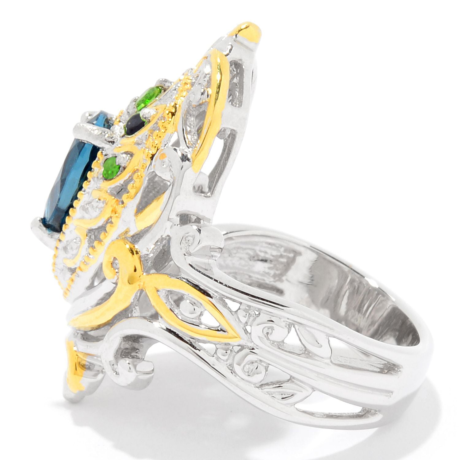 Gems en Vogue 2.72ctw London Blue Topaz, Chrome Diopside & Blue Sapphire Peacock Ring