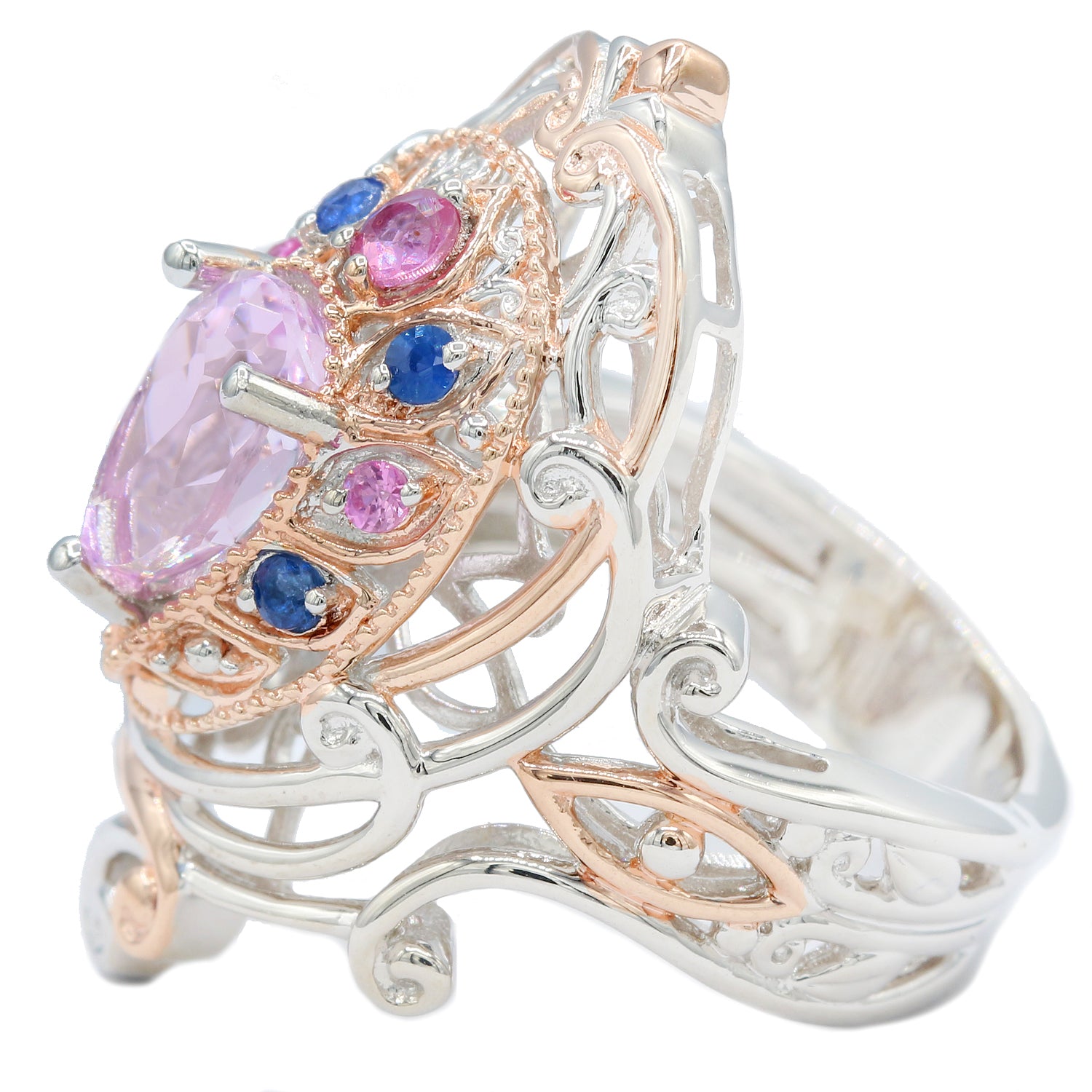 Gems en Vogue 2.60ctw Kunzite & Sapphire Peacock Ring