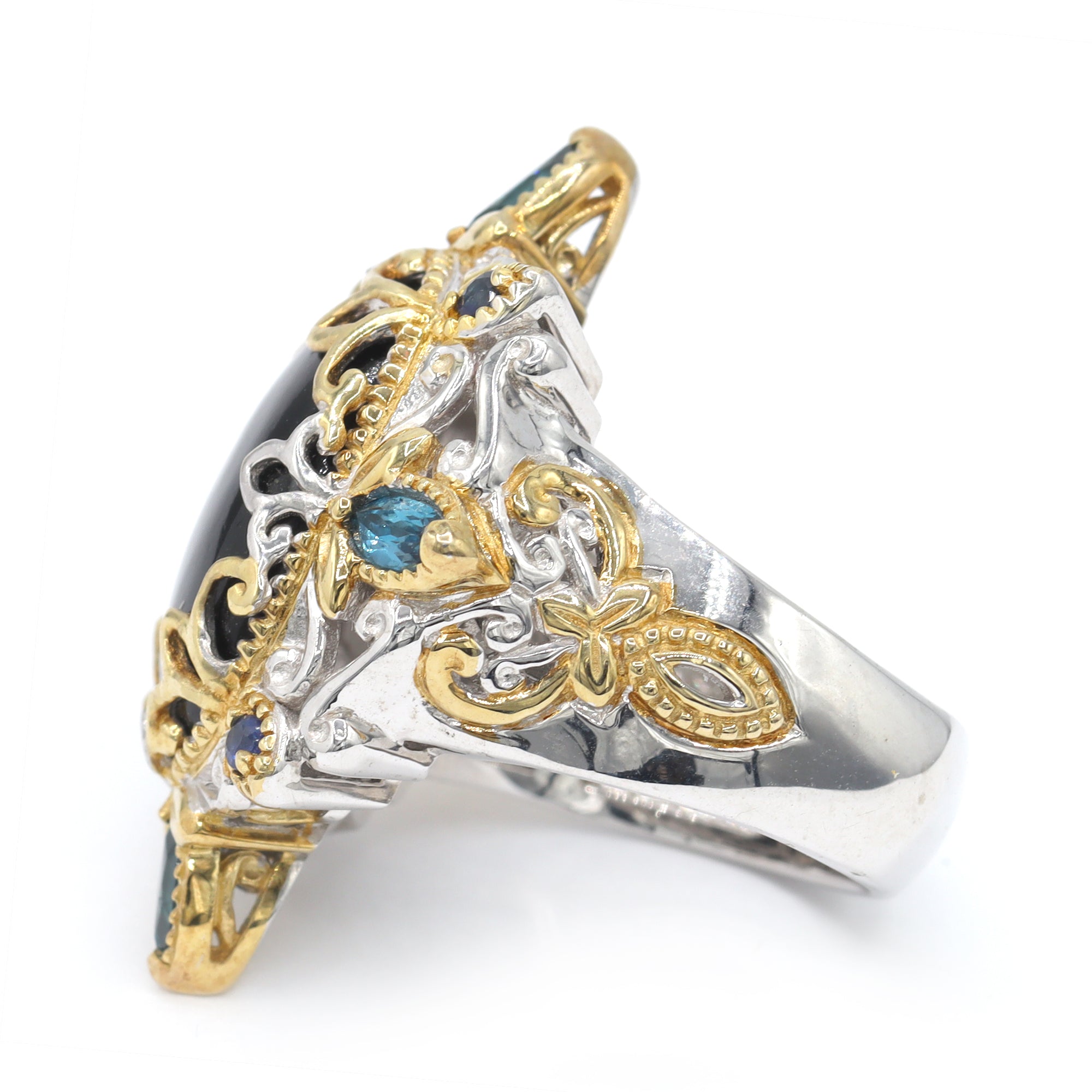 Gems en Vogue 24K Palladium Silver Black Onyx, London Blue Topaz & Blue Sapphire Ring