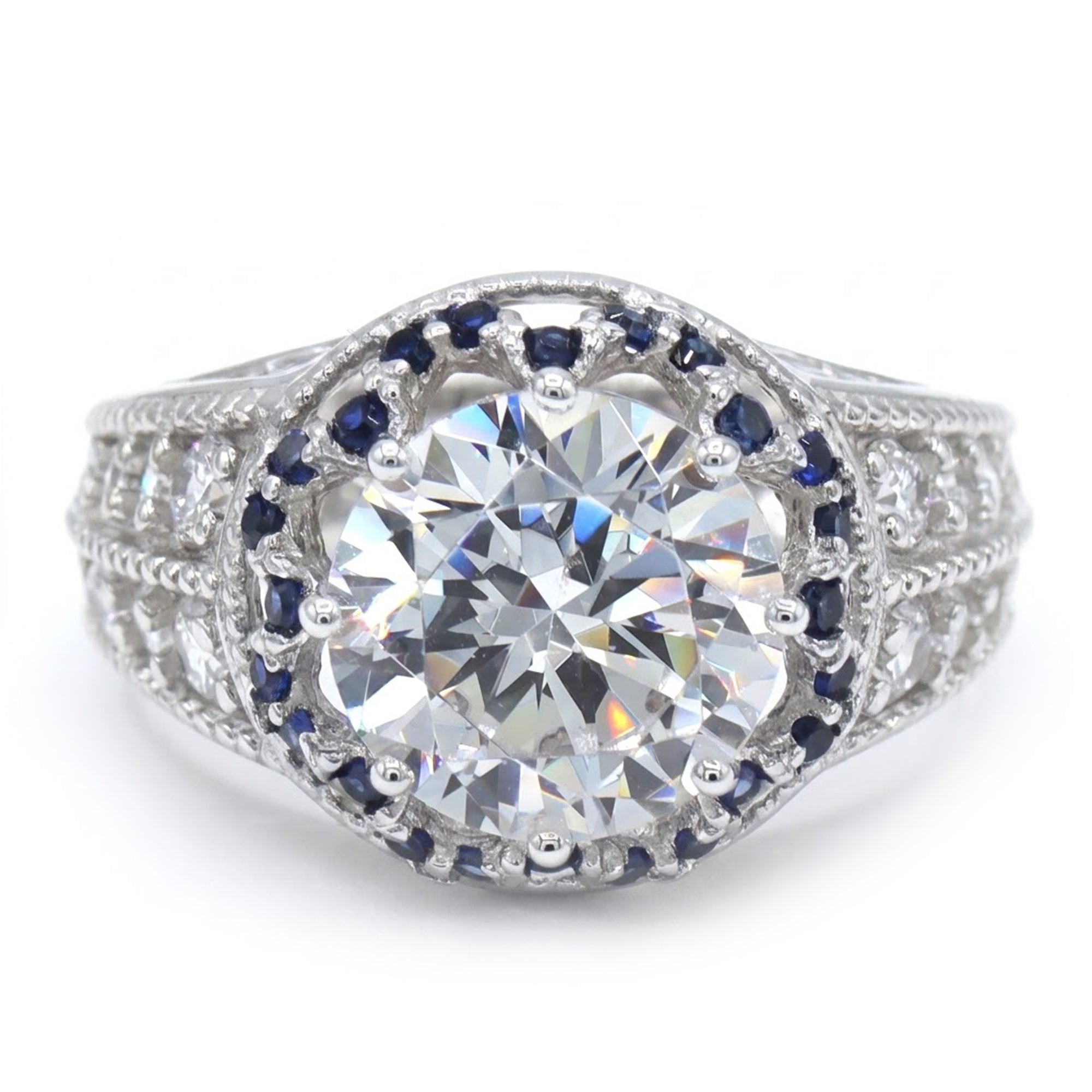 Signity Sterling Silver Cubic Zirconia & Created Blue Sapphire Ring CANNOT BE RESIZED