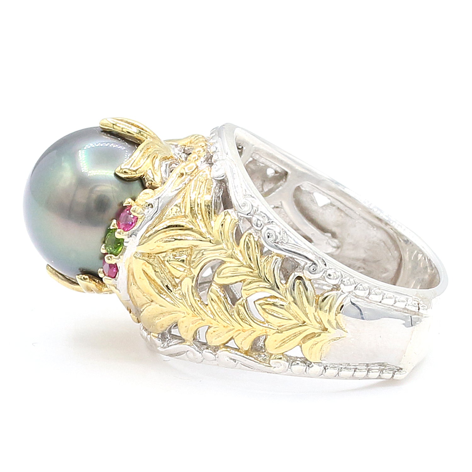 Gems en Vogue South Sea Peacock Pearl, Chrome Diopside & Pink Sapphire Ring