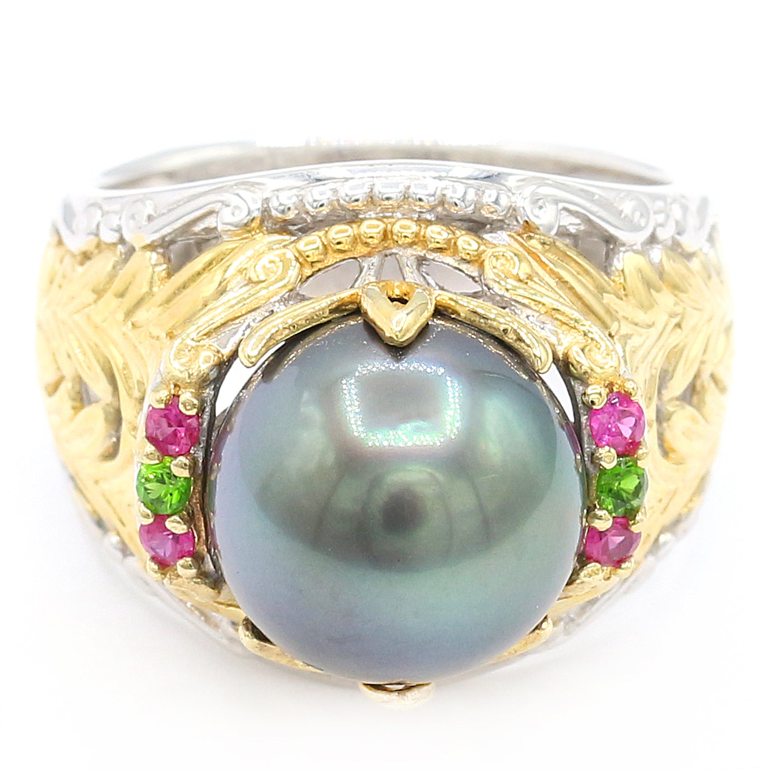 Gems en Vogue South Sea Peacock Pearl, Chrome Diopside & Pink Sapphire Ring