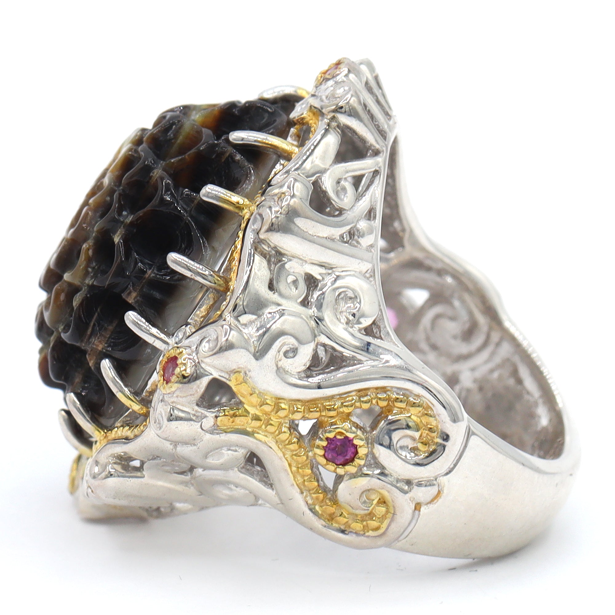 Gems en Vogue 24K Palladium Silver Black Mother-of-Pearl, Rhodolite & Pink Sapphire Carved Flower Ring