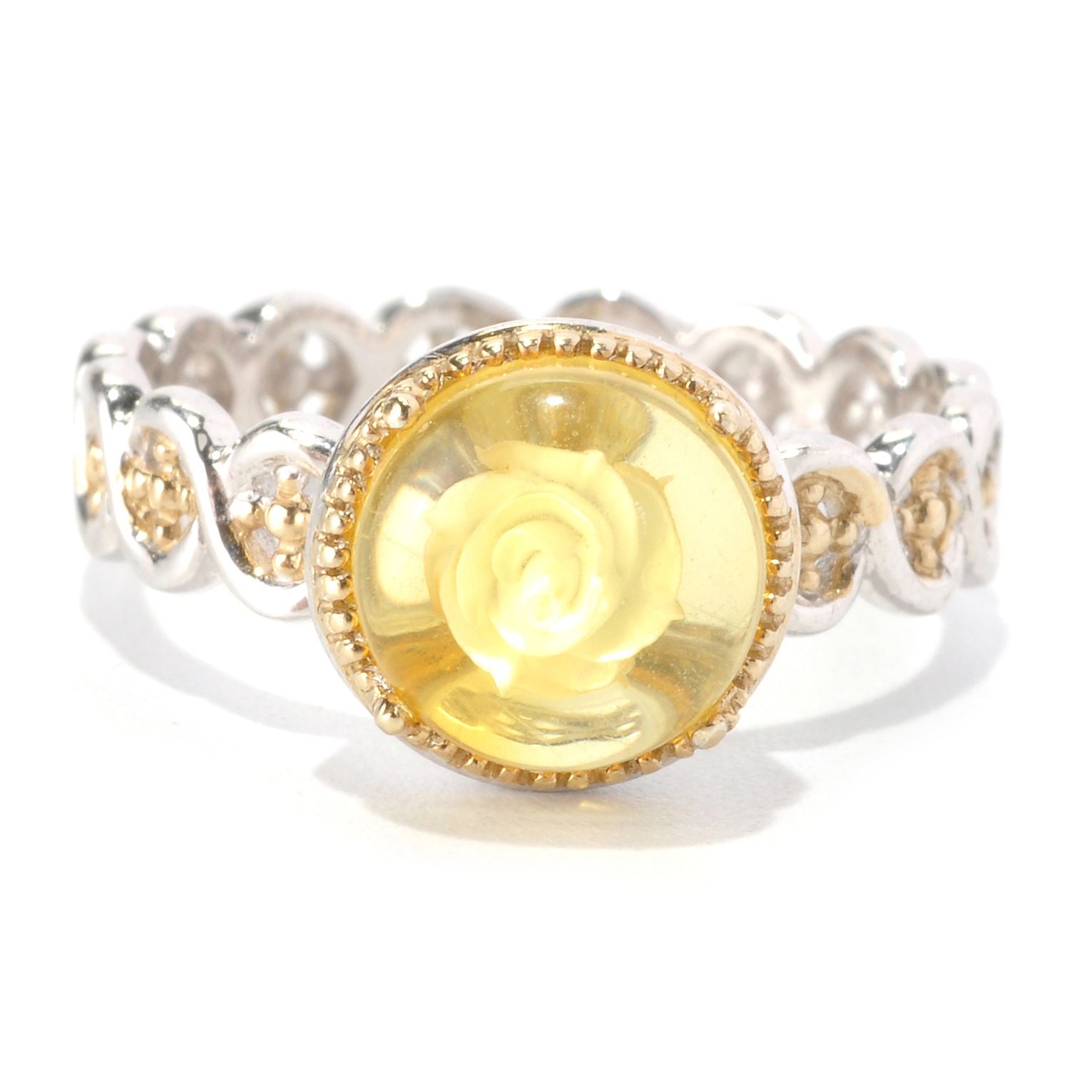 Gems en Vogue 24K Palladium Silver Carved Amber Rose Flower Ring