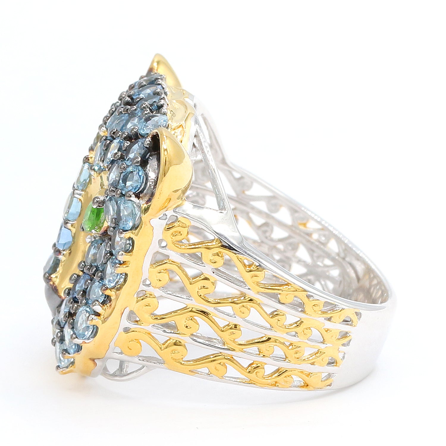 Gems en Vogue 24K Palladium Silver 3.18ctw Tanzanian Aquamarine & Chrome Diopside Panther Ring