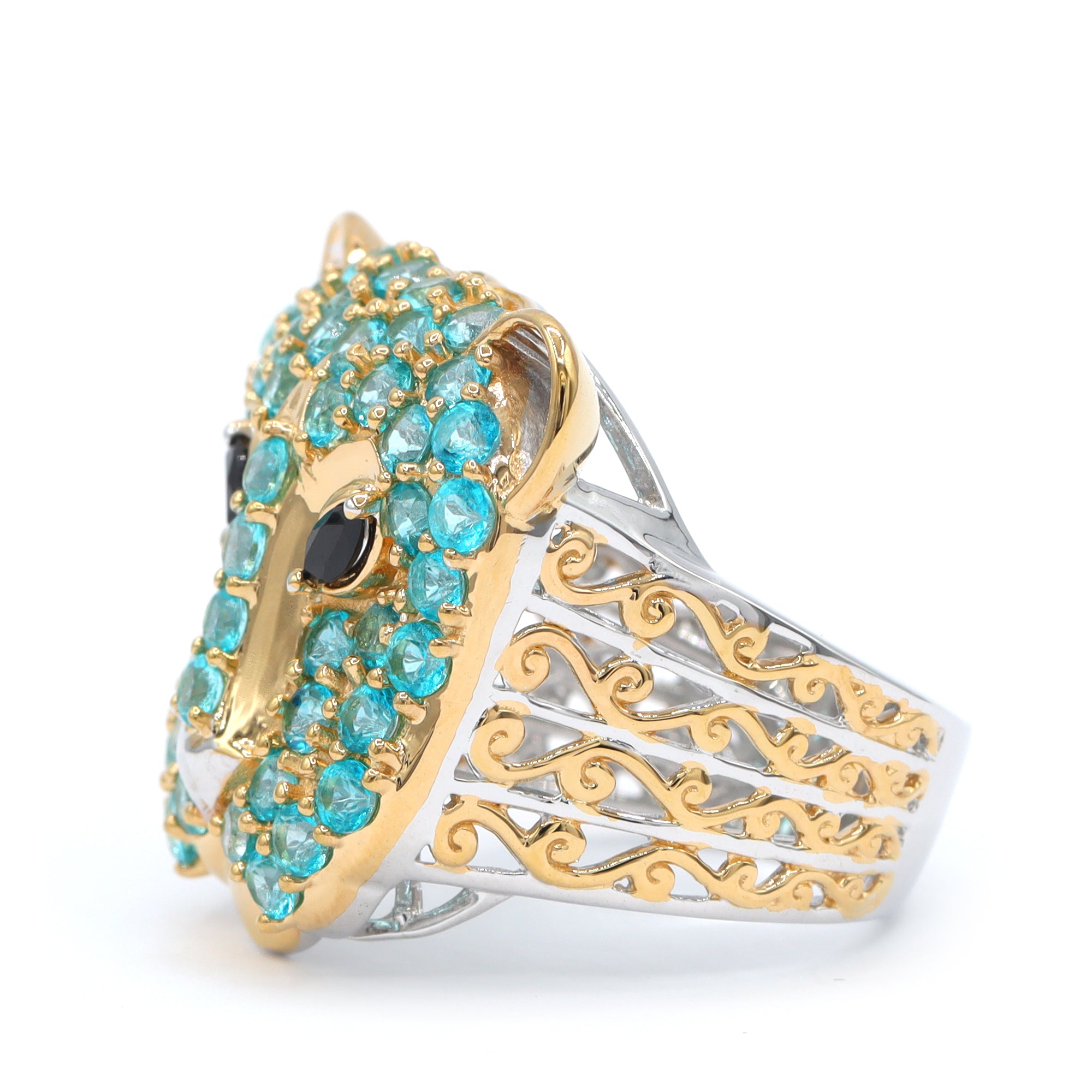 Gems en Vogue 24K Palladium Silver 3.99ctw Paraiba Topaz & Black Spinel Panther Ring