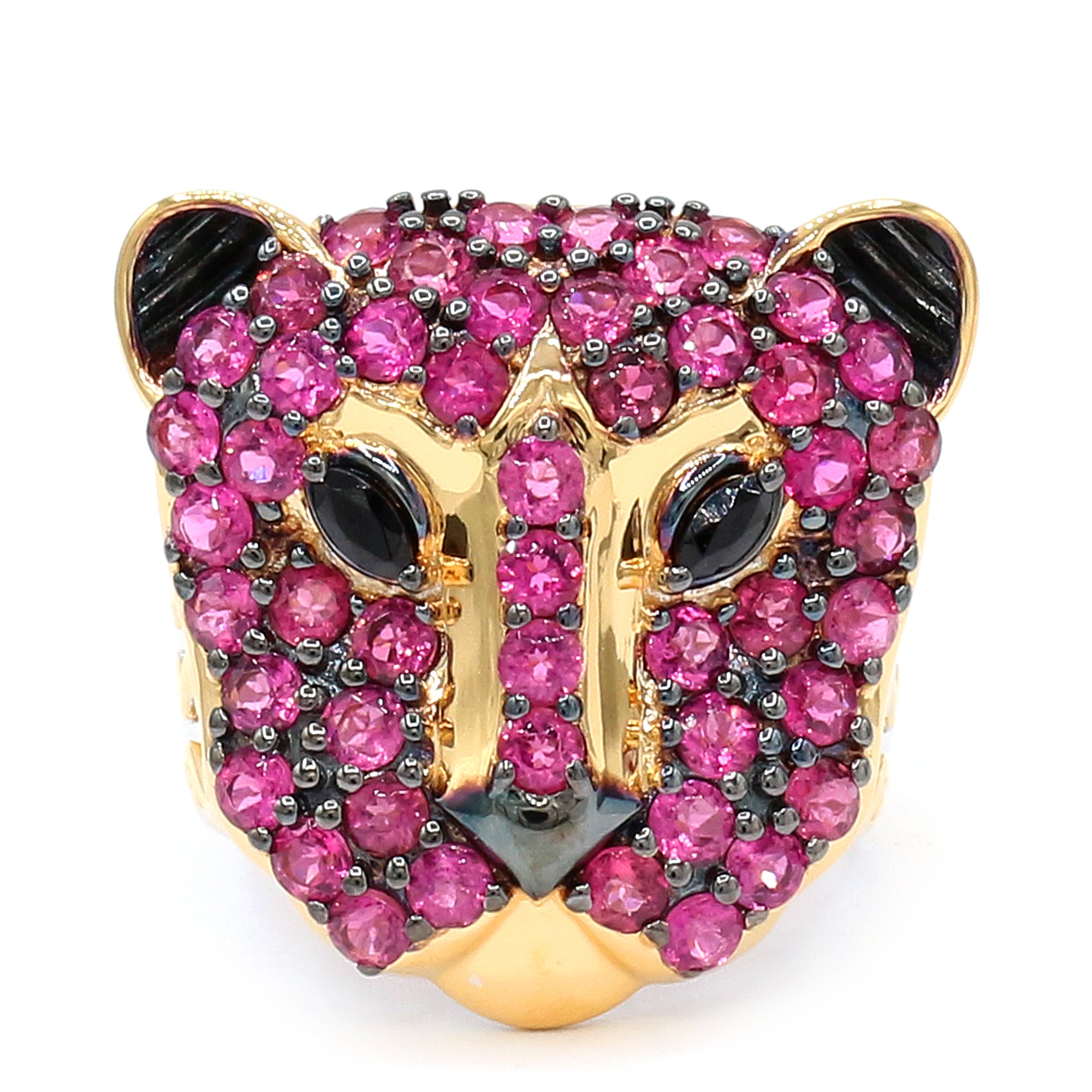 Gems en Vogue 24K Palladium Silver 3.51ctw Rubellite & Black Spinel Panther Ring