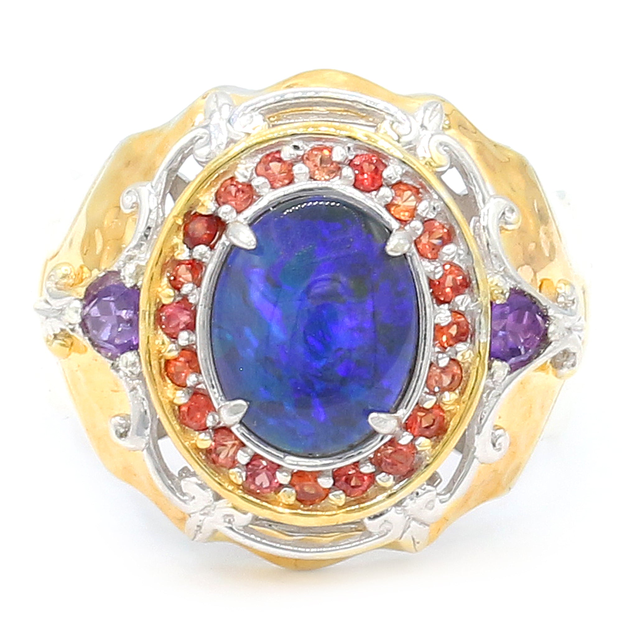 Gems en Vogue One-of-a-Kind 24K Palladium Silver Peacock Australian Opal, Amethyst & Orange Sapphire Ring