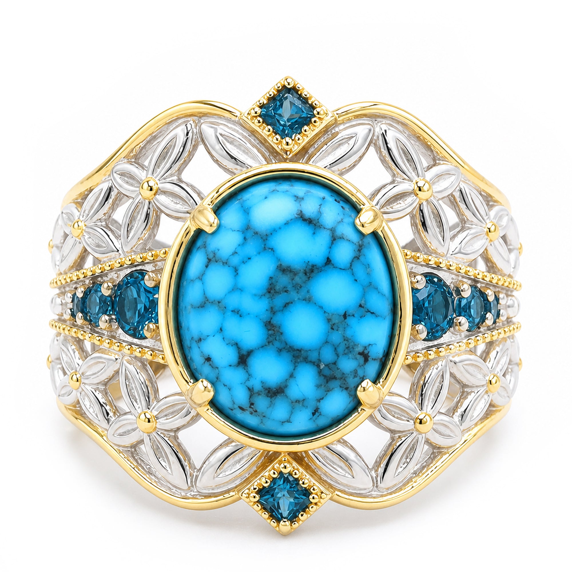 Gems en Vogue 24K Palladium Silver Spiderweb Turquoise & London Blue Topaz Ring