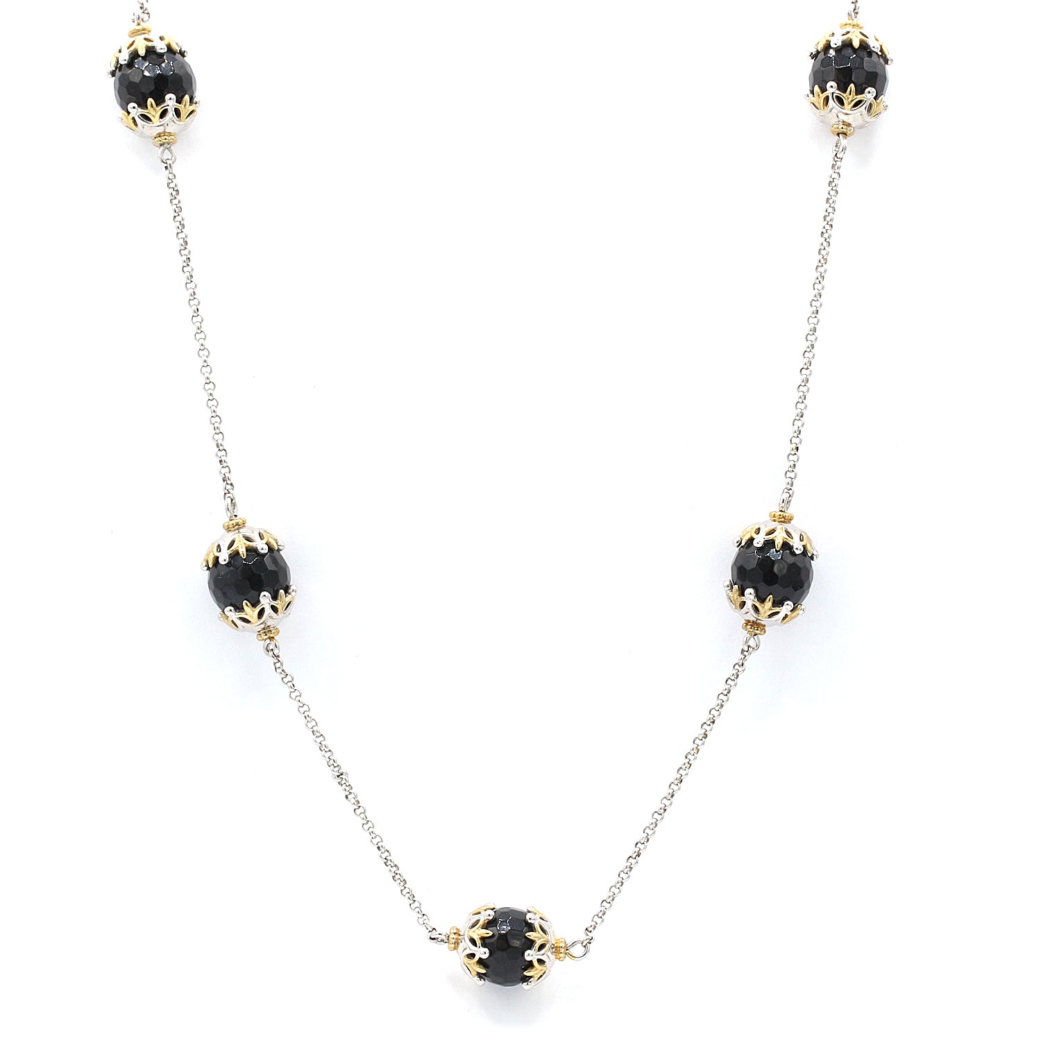 Gems en Vogue Black Onyx Bead & White Zircon Necklace