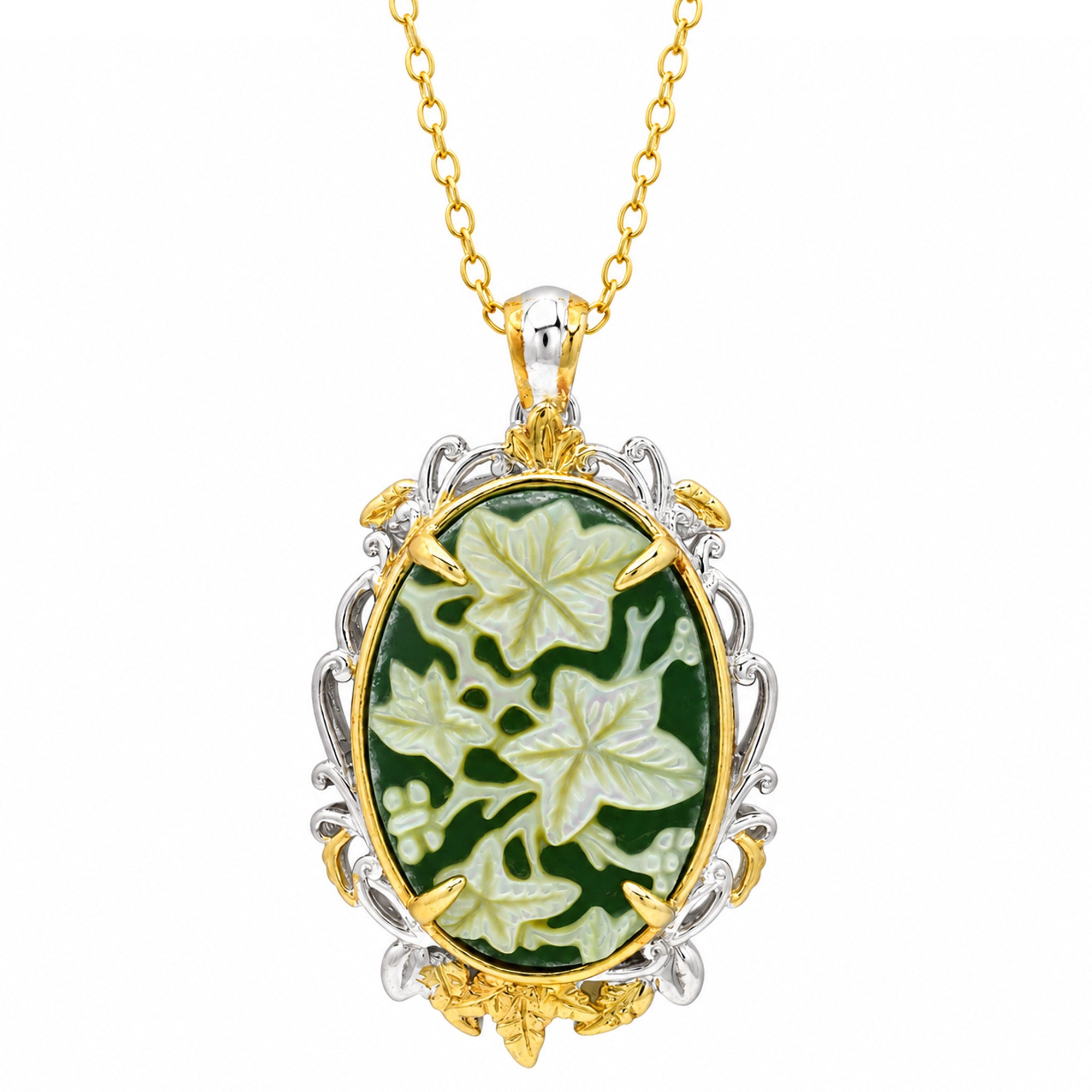Gems en Vogue 24K Palladium Silver Green Aventurine Carved Flower & Leaf Pendant