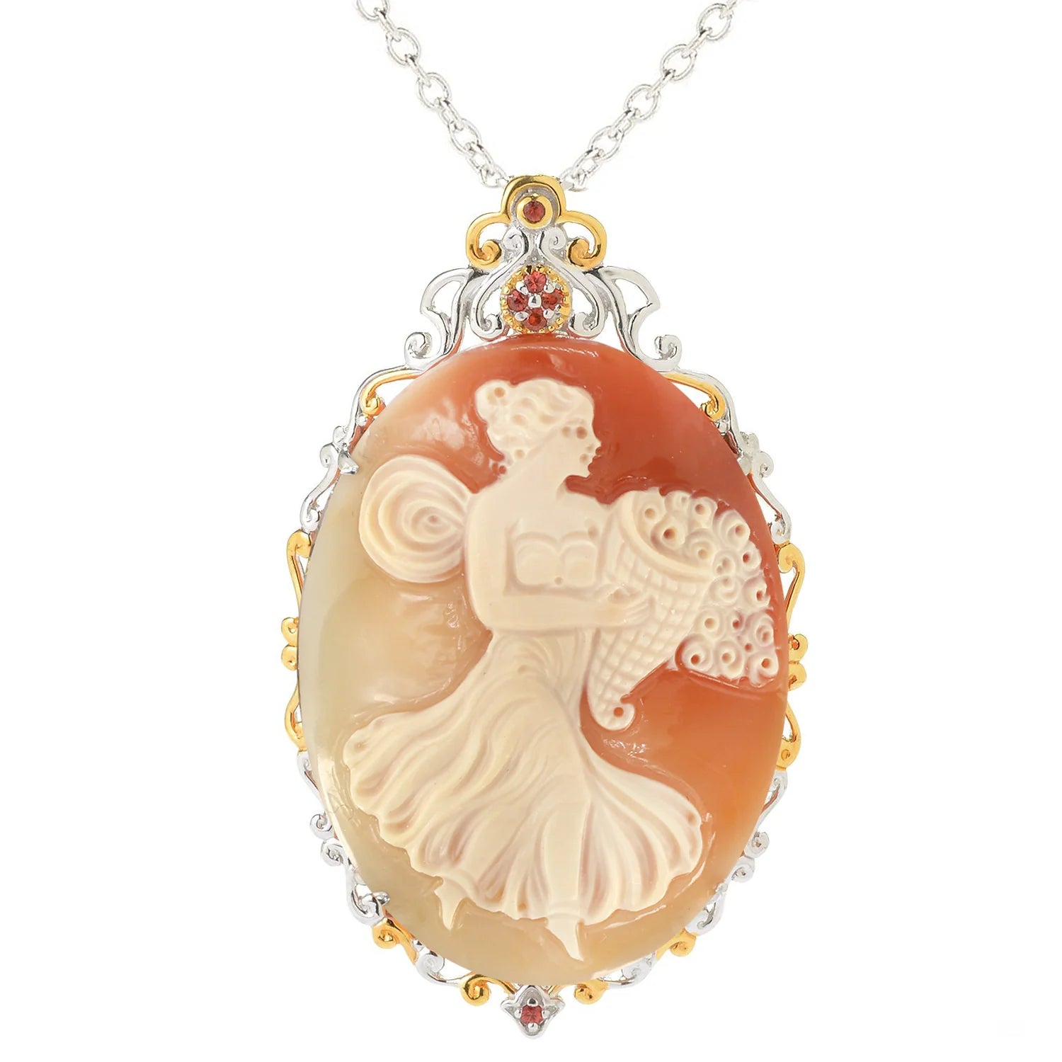 Gems en Vogue Carved Cameo & Orange Sapphire Lady & Flower Pendant
